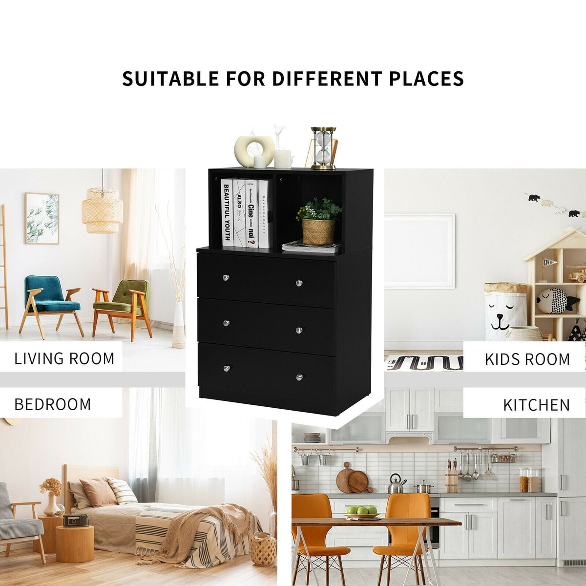 3 Drawer Dresser with Cubbies - Black (min order qty 2)-Dressers & Chests-DECOROLALA