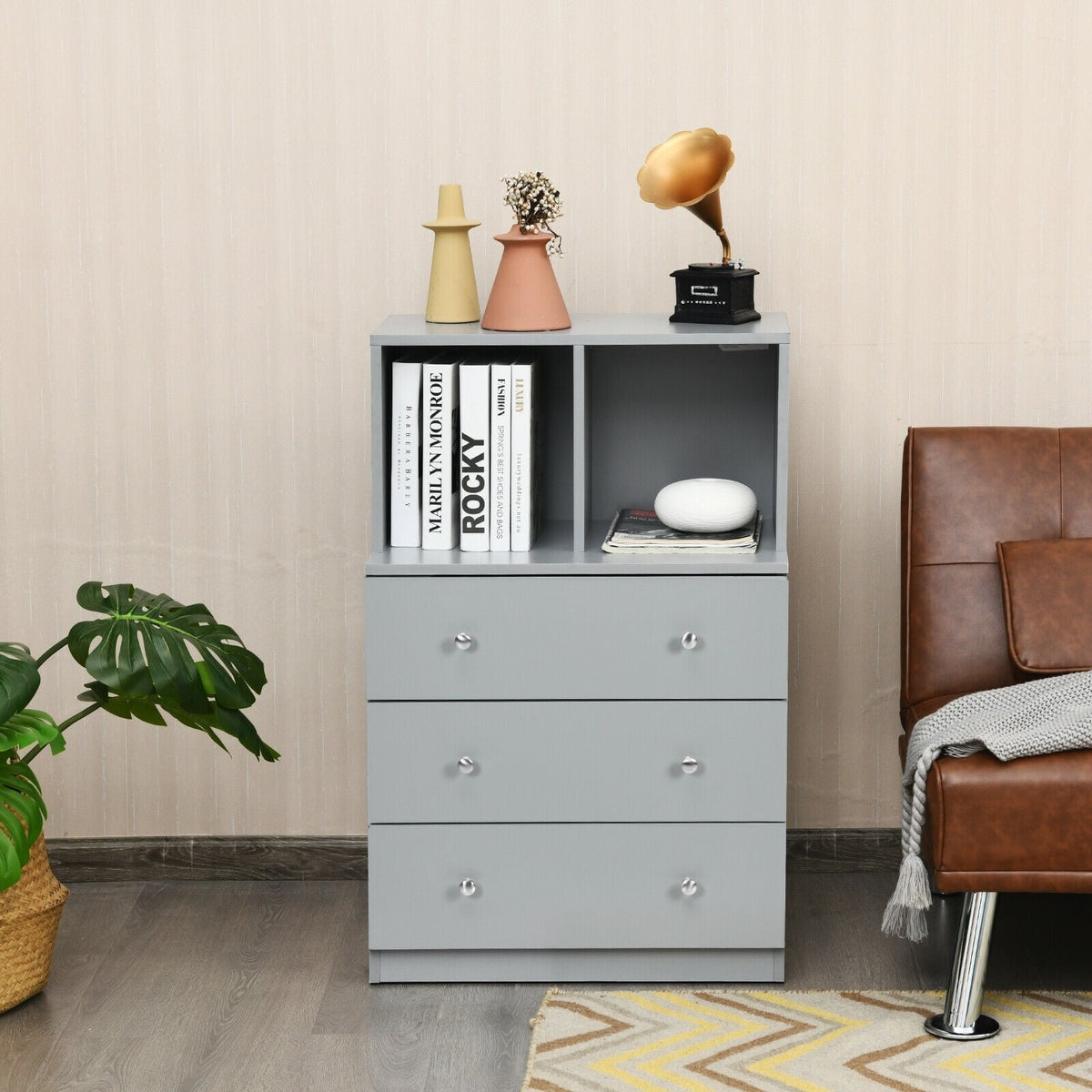3 Drawer Dresser with Cubbies - Gray (min order qty 2)-Dressers & Chests-DECOROLALA
