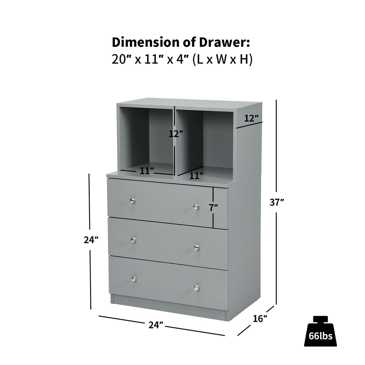 3 Drawer Dresser with Cubbies - Gray (min order qty 2)-Dressers & Chests-DECOROLALA