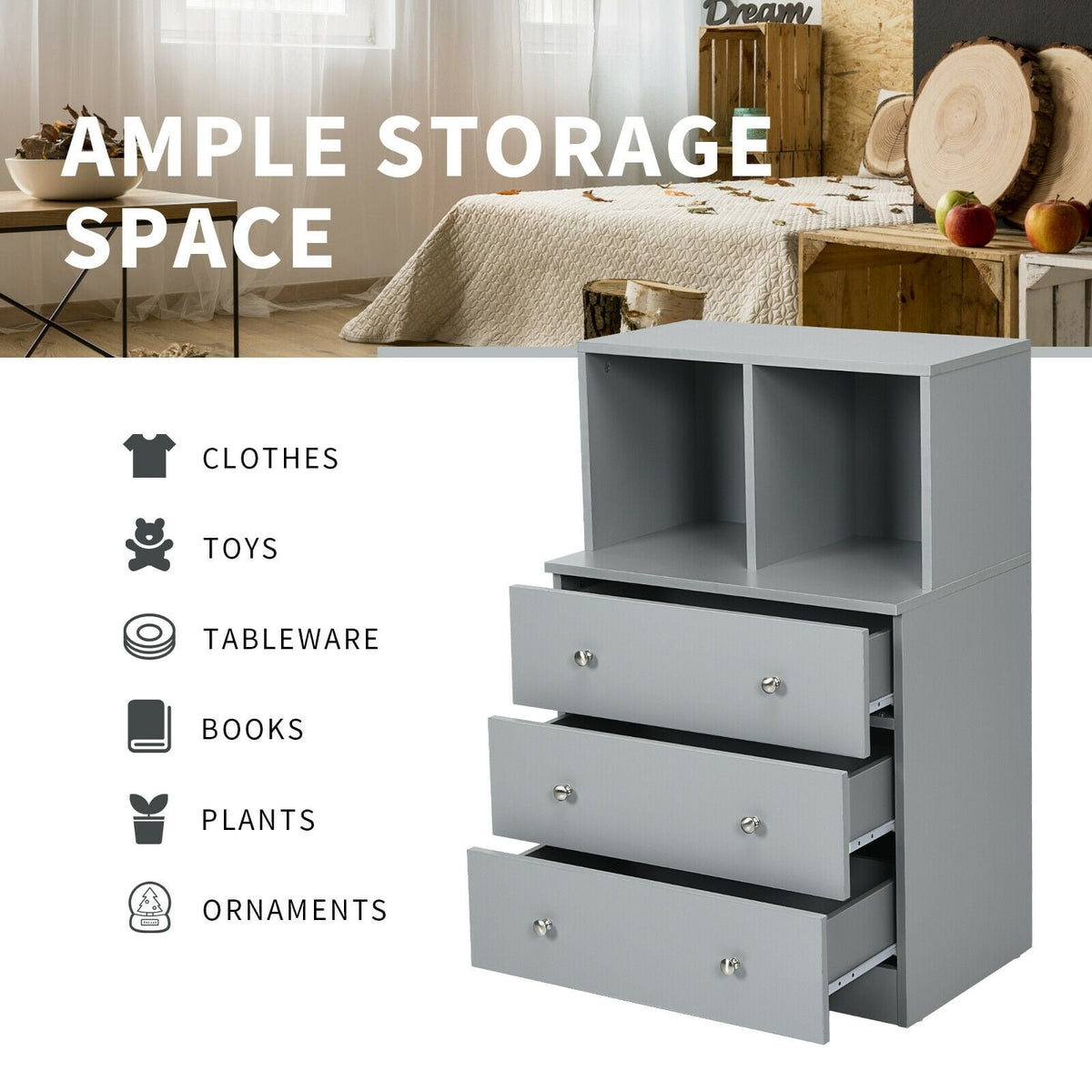3 Drawer Dresser with Cubbies - Gray (min order qty 2)-Dressers & Chests-DECOROLALA