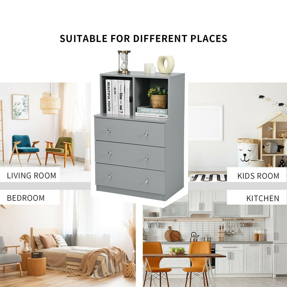 3 Drawer Dresser with Cubbies - Gray (min order qty 2)-Dressers & Chests-DECOROLALA