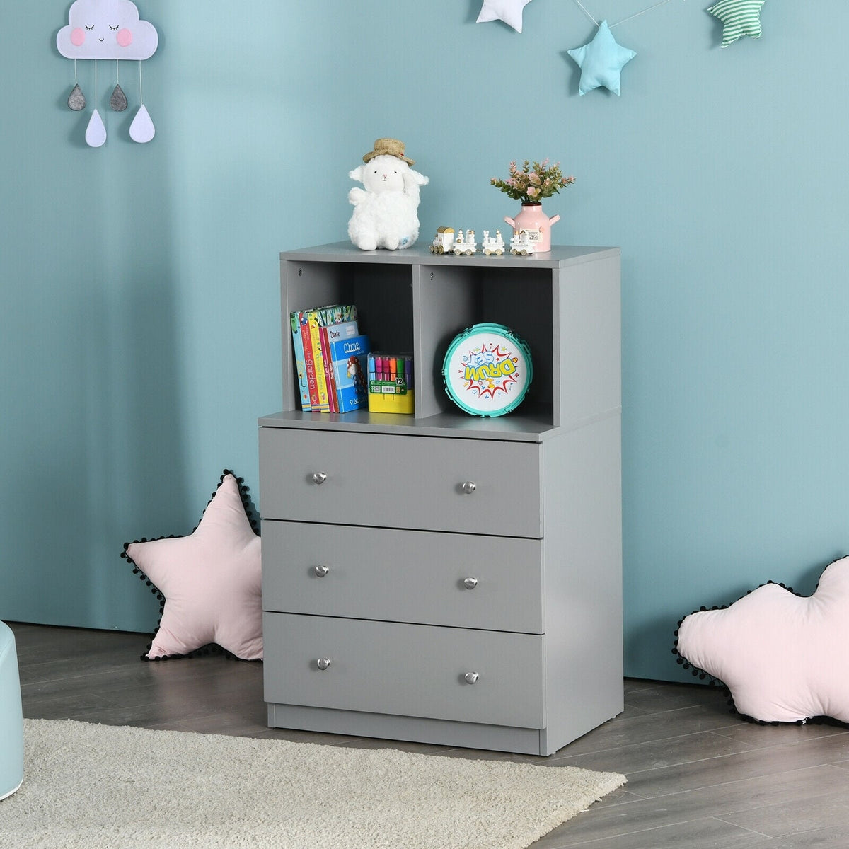3 Drawer Dresser with Cubbies - Gray (min order qty 2)-Dressers & Chests-DECOROLALA