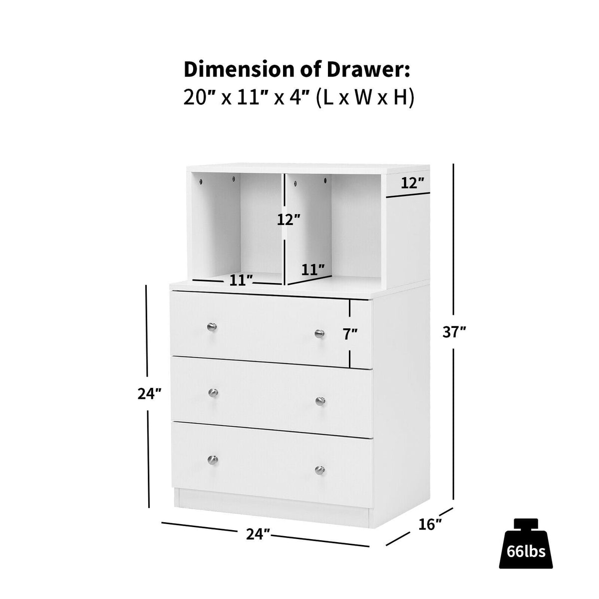 3 Drawer Dresser with Cubbies - White (min order qty 2)-Dressers & Chests-DECOROLALA