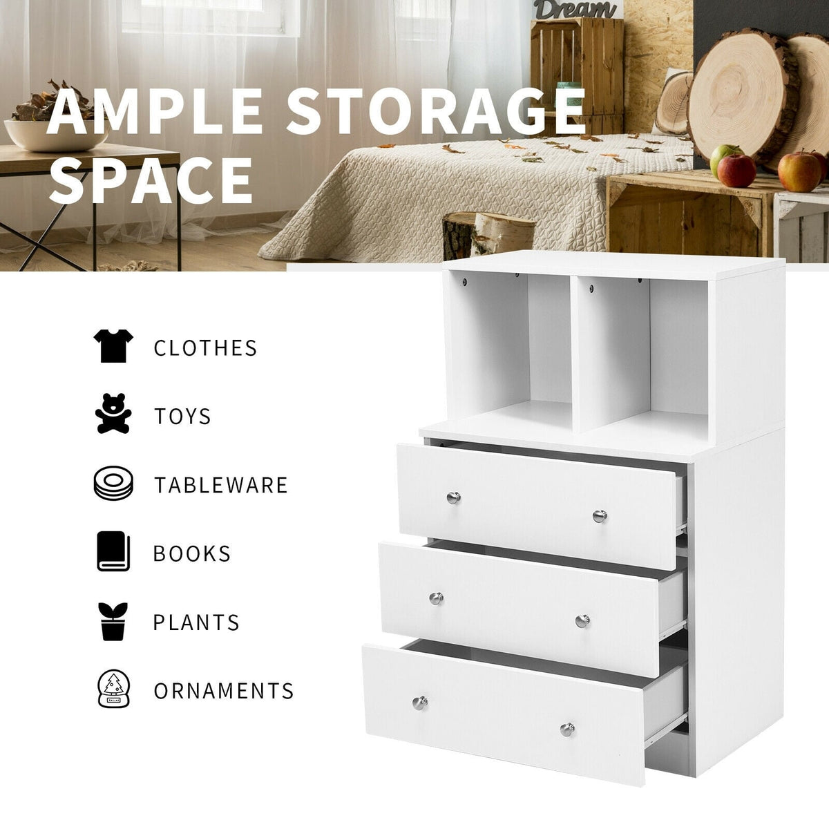3 Drawer Dresser with Cubbies - White (min order qty 2)-Dressers & Chests-DECOROLALA