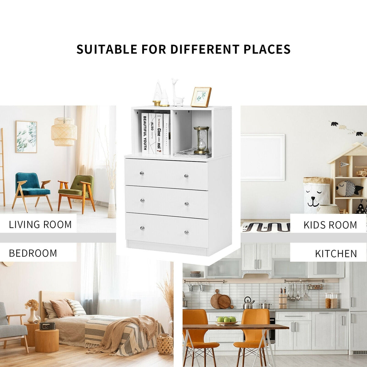 3 Drawer Dresser with Cubbies - White (min order qty 2)-Dressers & Chests-DECOROLALA