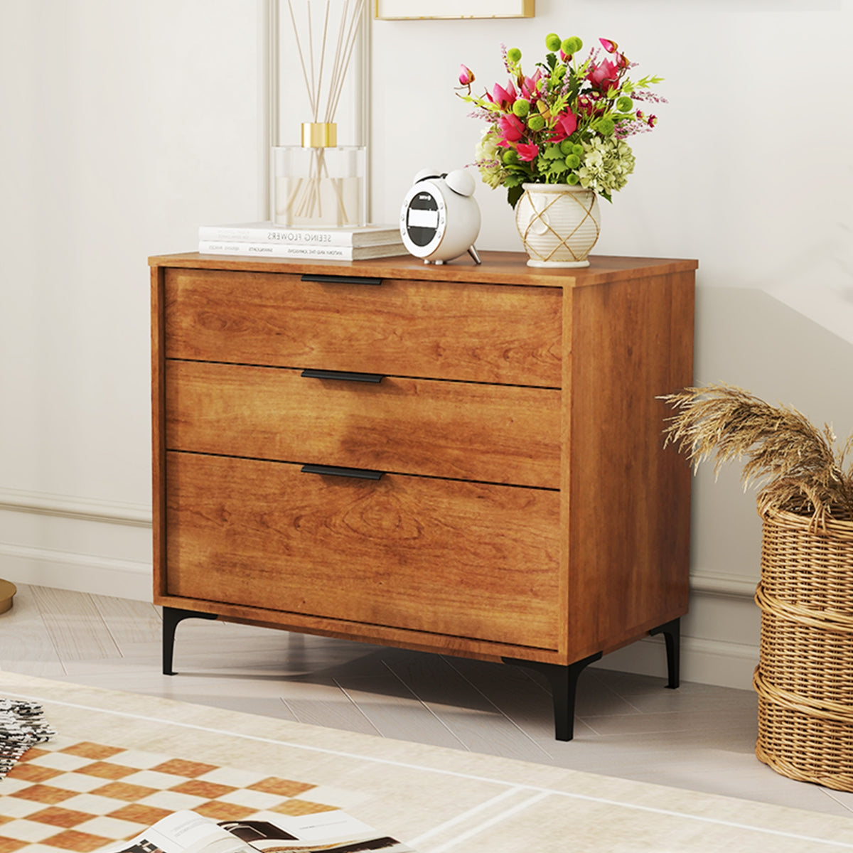 3 Drawer Dresser with Interlock System for Bedroom Living Room-Cherry-Dressers & Chests-DECOROLALA