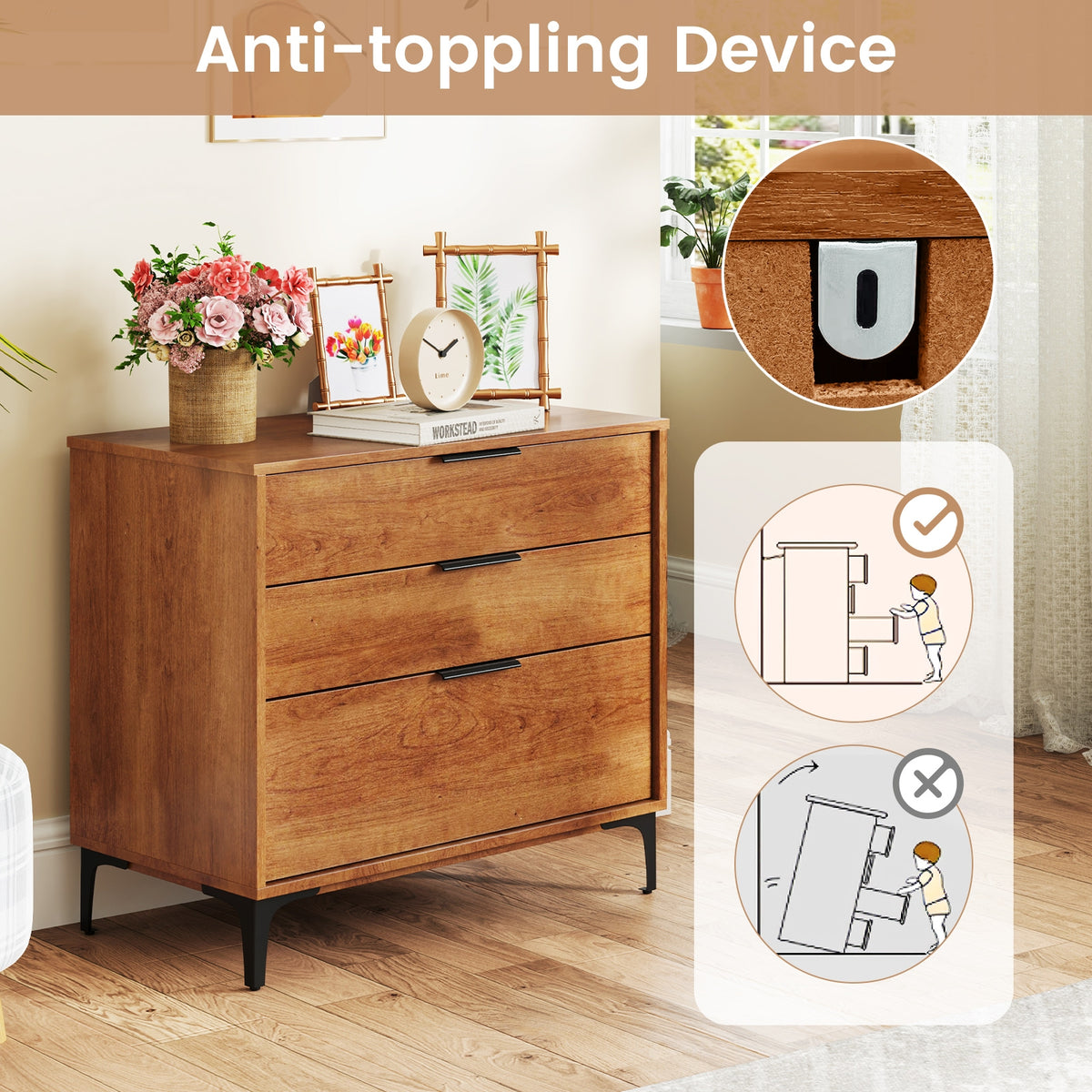 3 Drawer Dresser with Interlock System for Bedroom Living Room-Cherry-Dressers & Chests-DECOROLALA