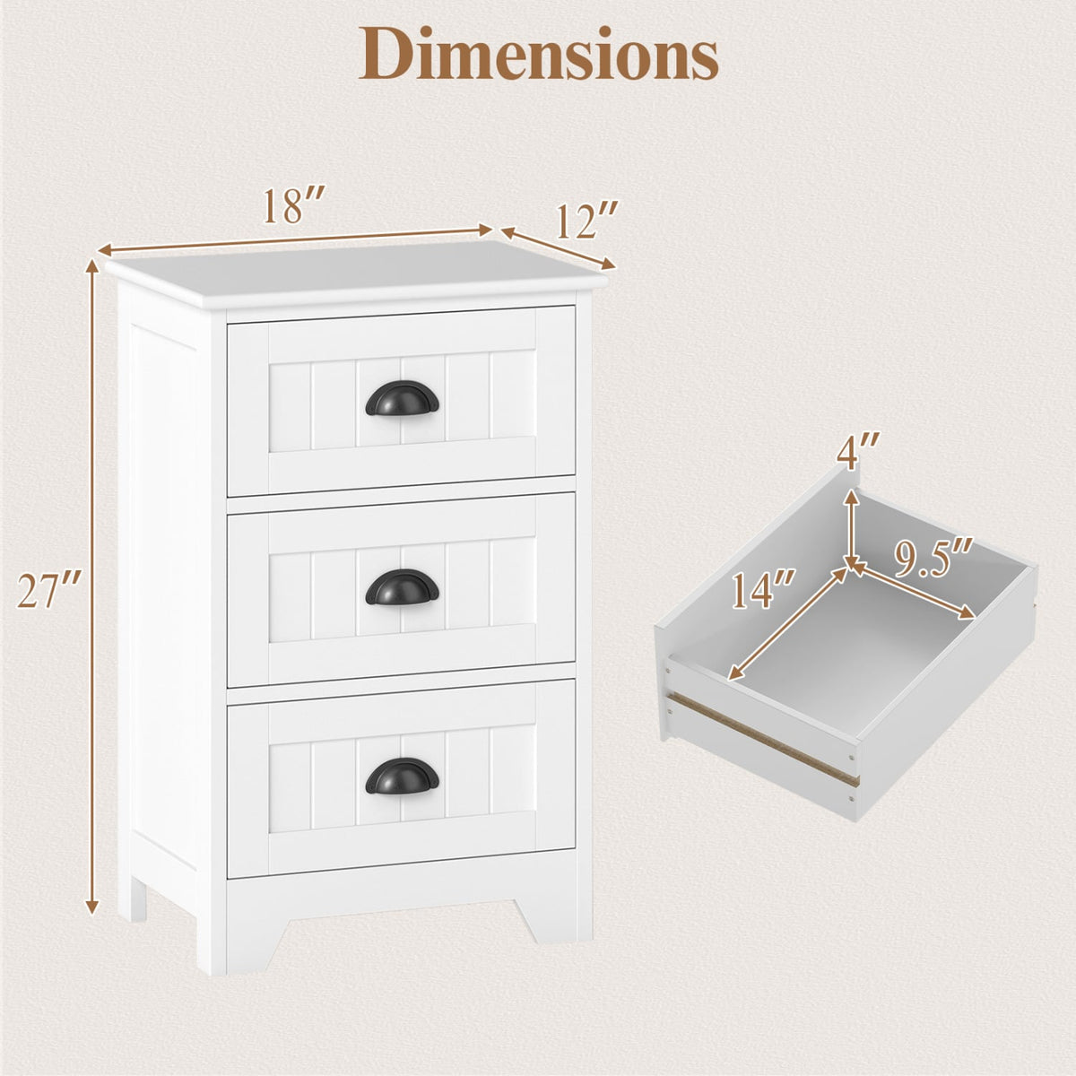 3-Drawer End Storage Wood Side Nightstand-White-Nightstands-DECOROLALA
