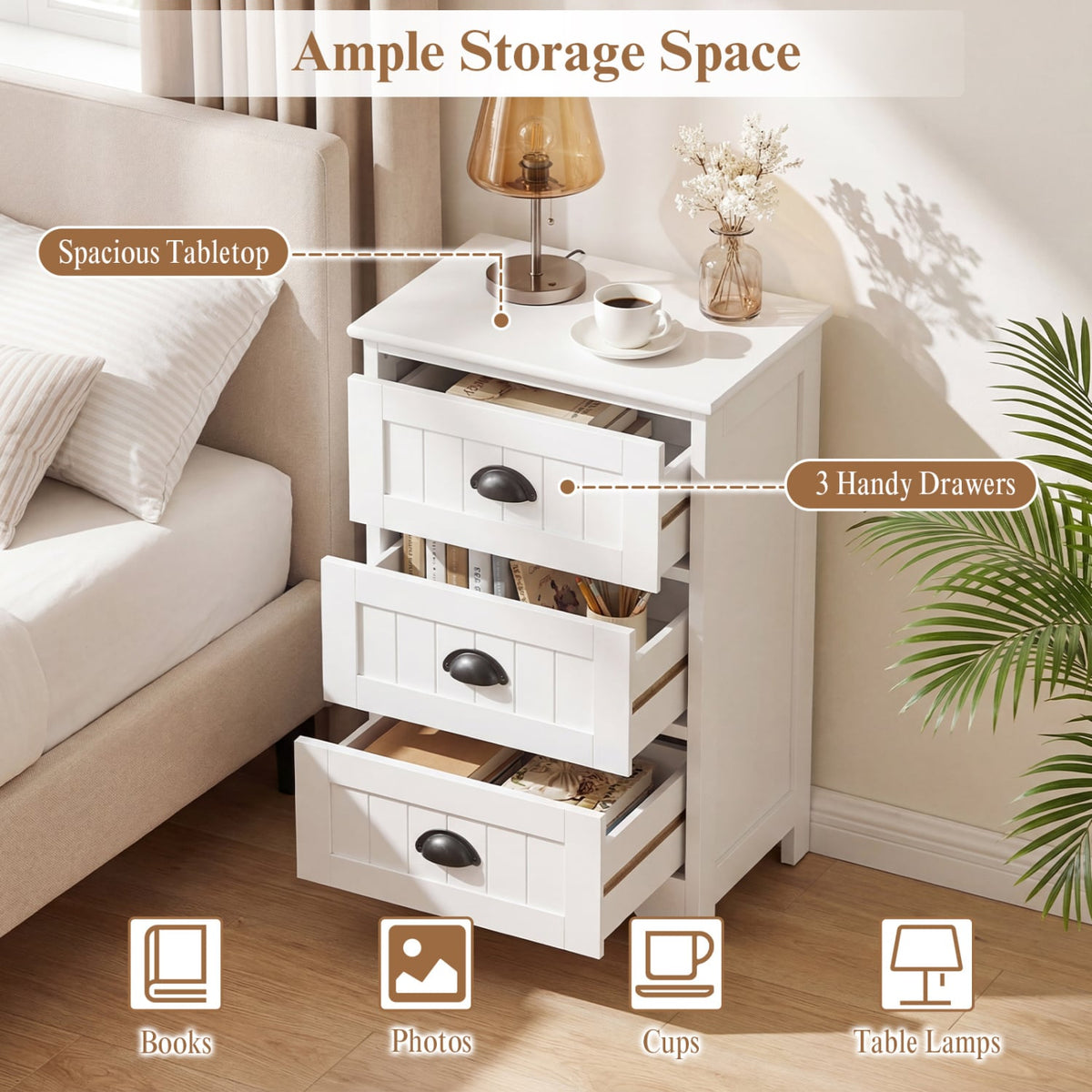3-Drawer End Storage Wood Side Nightstand-White-Nightstands-DECOROLALA