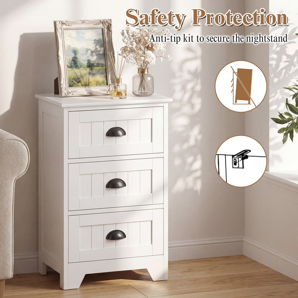 3-Drawer End Storage Wood Side Nightstand-White-Nightstands-DECOROLALA