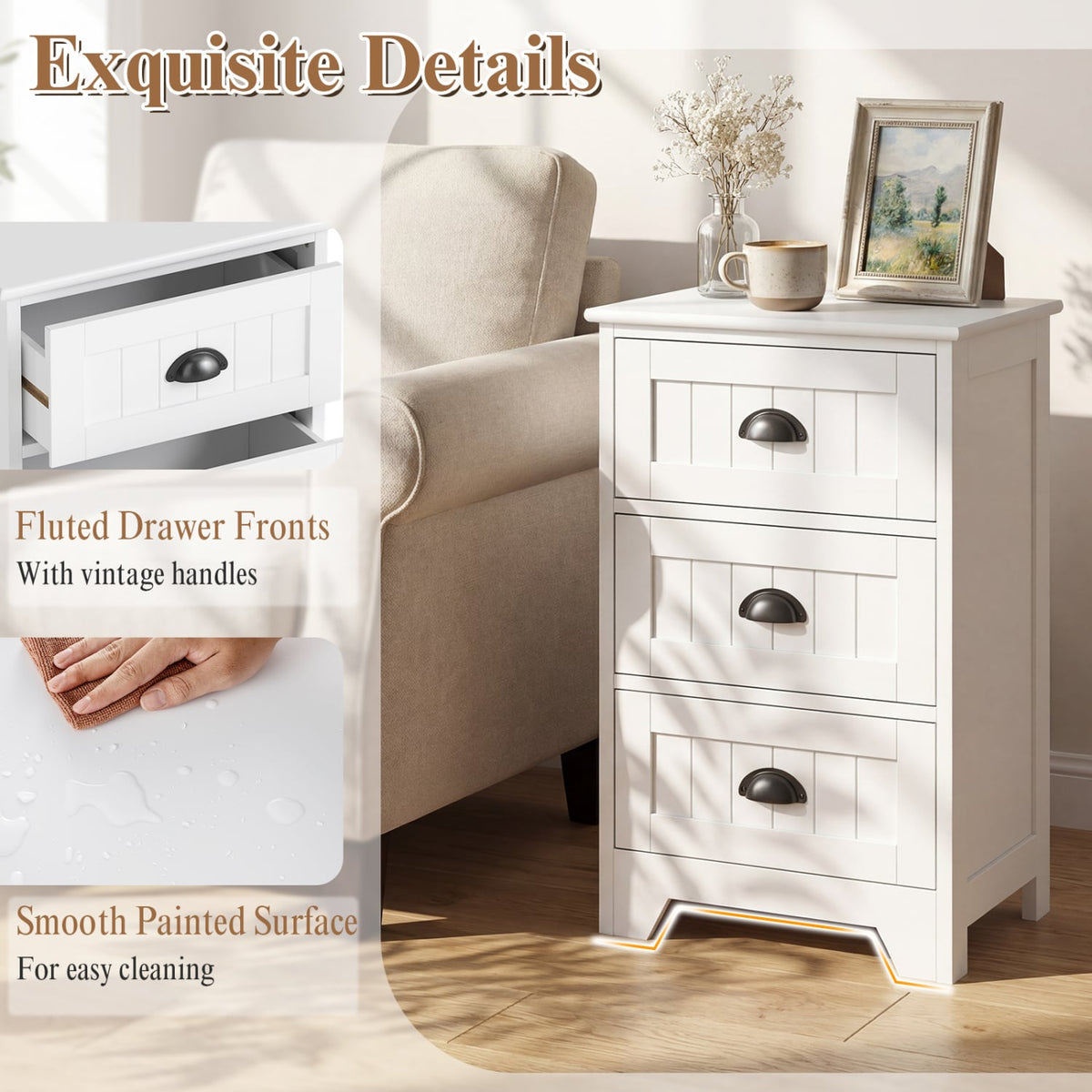 3-Drawer End Storage Wood Side Nightstand-White-Nightstands-DECOROLALA
