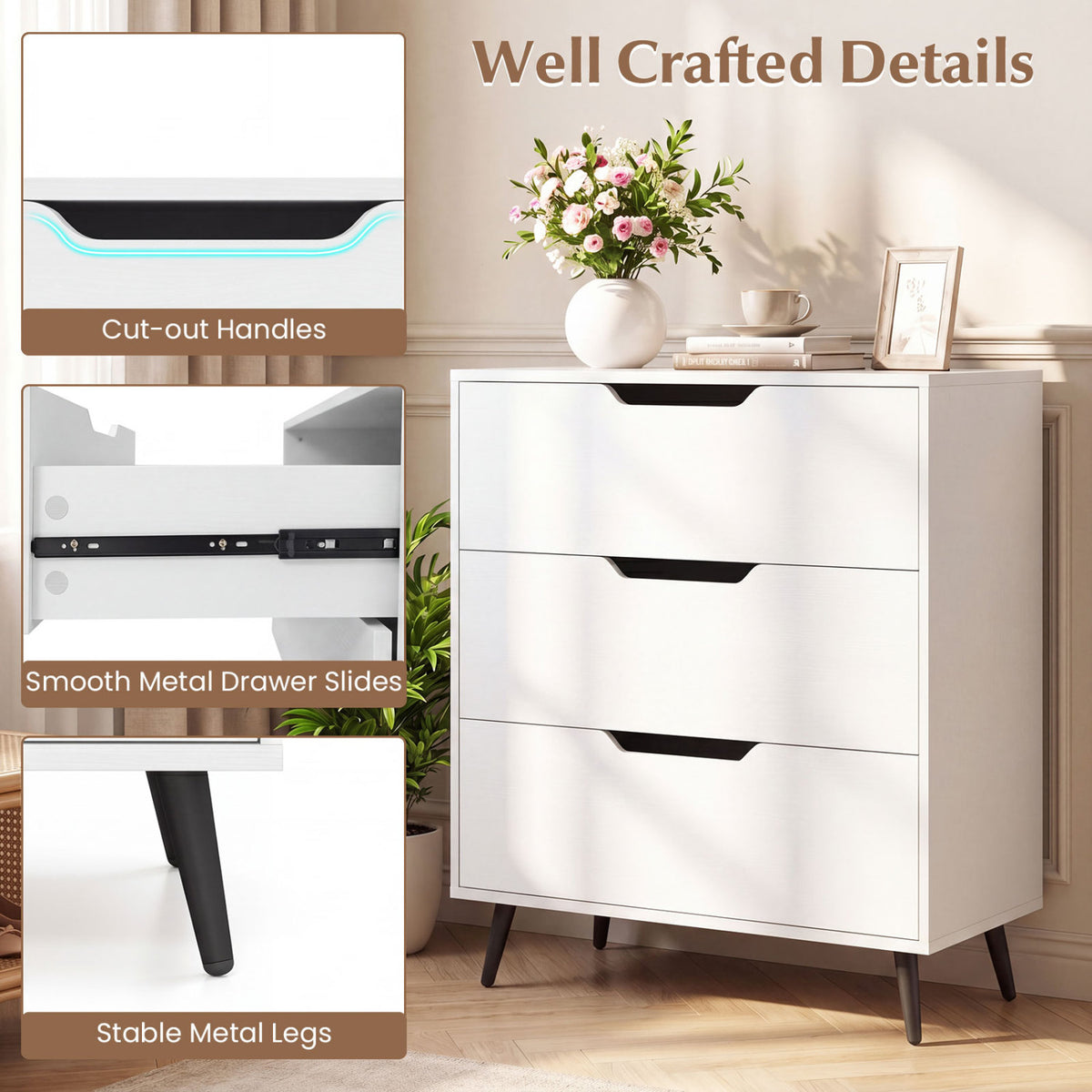 3-Drawer Farmhouse Dresser - White (min order qty 2)-Dressers & Chests-DECOROLALA