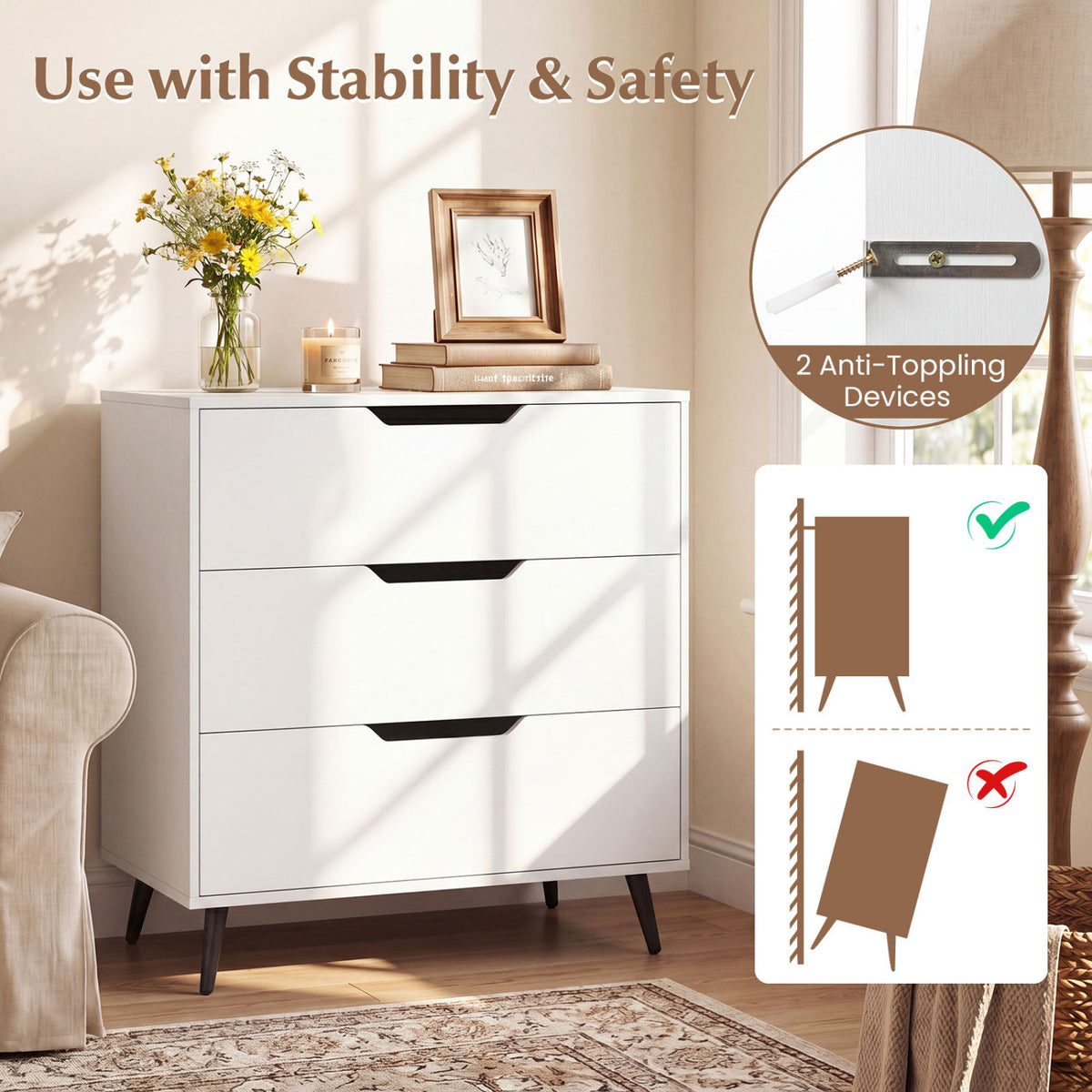 3-Drawer Farmhouse Dresser - White (min order qty 2)-Dressers & Chests-DECOROLALA