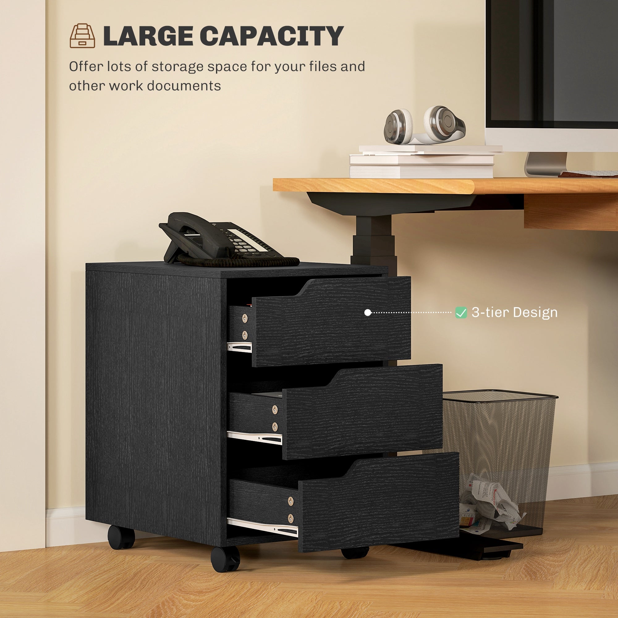 3 Drawer File Cabinet, Vertical Filing Cabinet with Wheels, Mobile Printer Stand with Storage for Home Office, Black-Office Products > Office Furniture > Office Cabinets & Cupboards-DECOROLALA