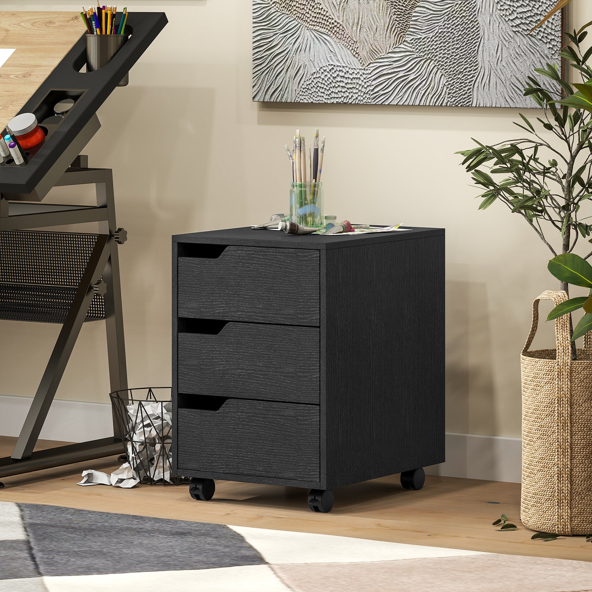 3 Drawer File Cabinet, Vertical Filing Cabinet with Wheels, Mobile Printer Stand with Storage for Home Office, Black-Office Products > Office Furniture > Office Cabinets & Cupboards-DECOROLALA