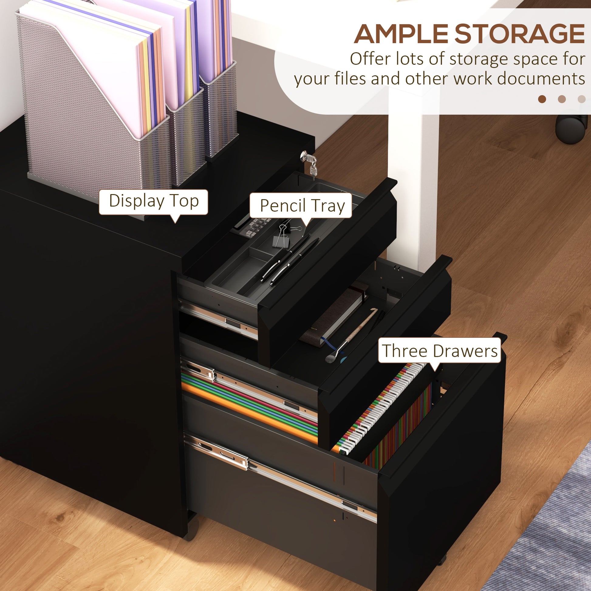 3 Drawer File Cabinet with Lock, Steel Vertical Filing Cabinet with 5 Wheels and Hanging Bar for A4/Legal/Letter, Home Office Printer Stand with Pre-Assembled Body, Black-Office Products > Office Furniture > Office Cabinets & Cupboards-DECOROLALA