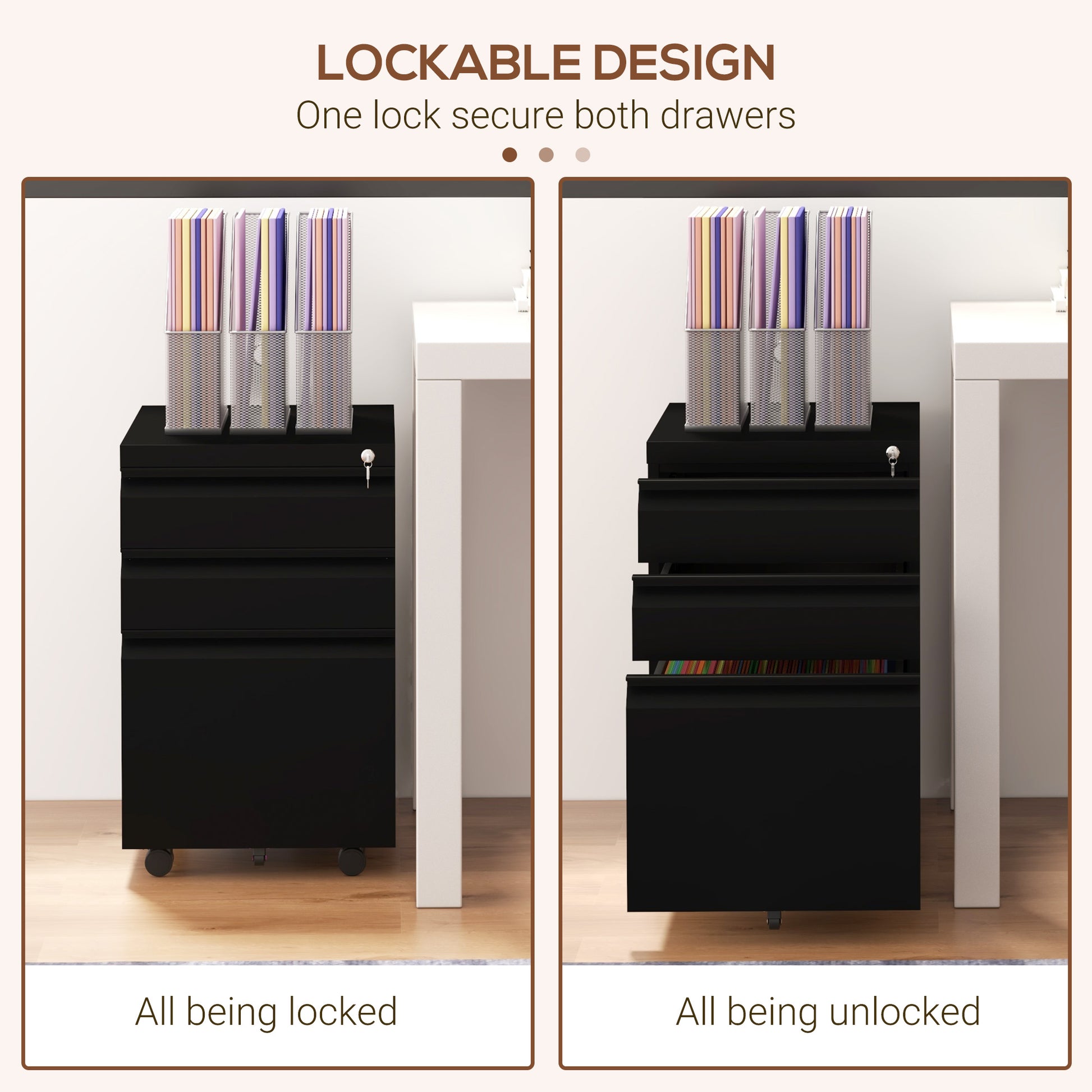 3 Drawer File Cabinet with Lock, Steel Vertical Filing Cabinet with 5 Wheels and Hanging Bar for A4/Legal/Letter, Home Office Printer Stand with Pre-Assembled Body, Black-Office Products > Office Furniture > Office Cabinets & Cupboards-DECOROLALA