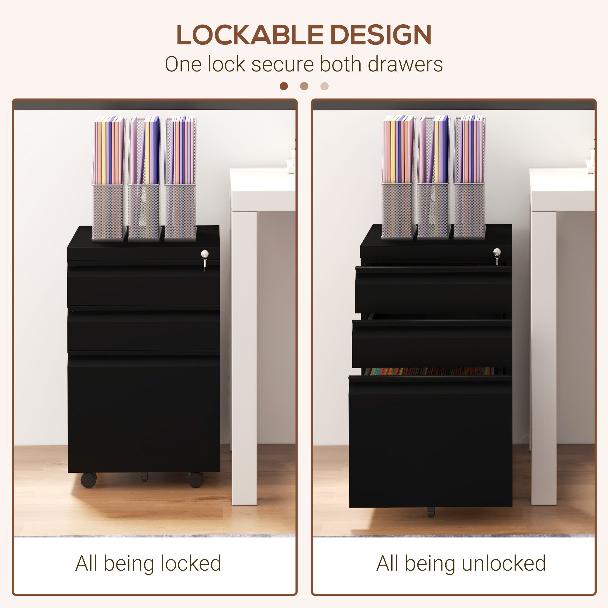 3 Drawer File Cabinet with Lock, Steel Vertical Filing Cabinet with 5 Wheels and Hanging Bar for A4/Legal/Letter, Home Office Printer Stand with Pre-Assembled Body, Black-Office Products > Office Furniture > Office Cabinets & Cupboards-DECOROLALA