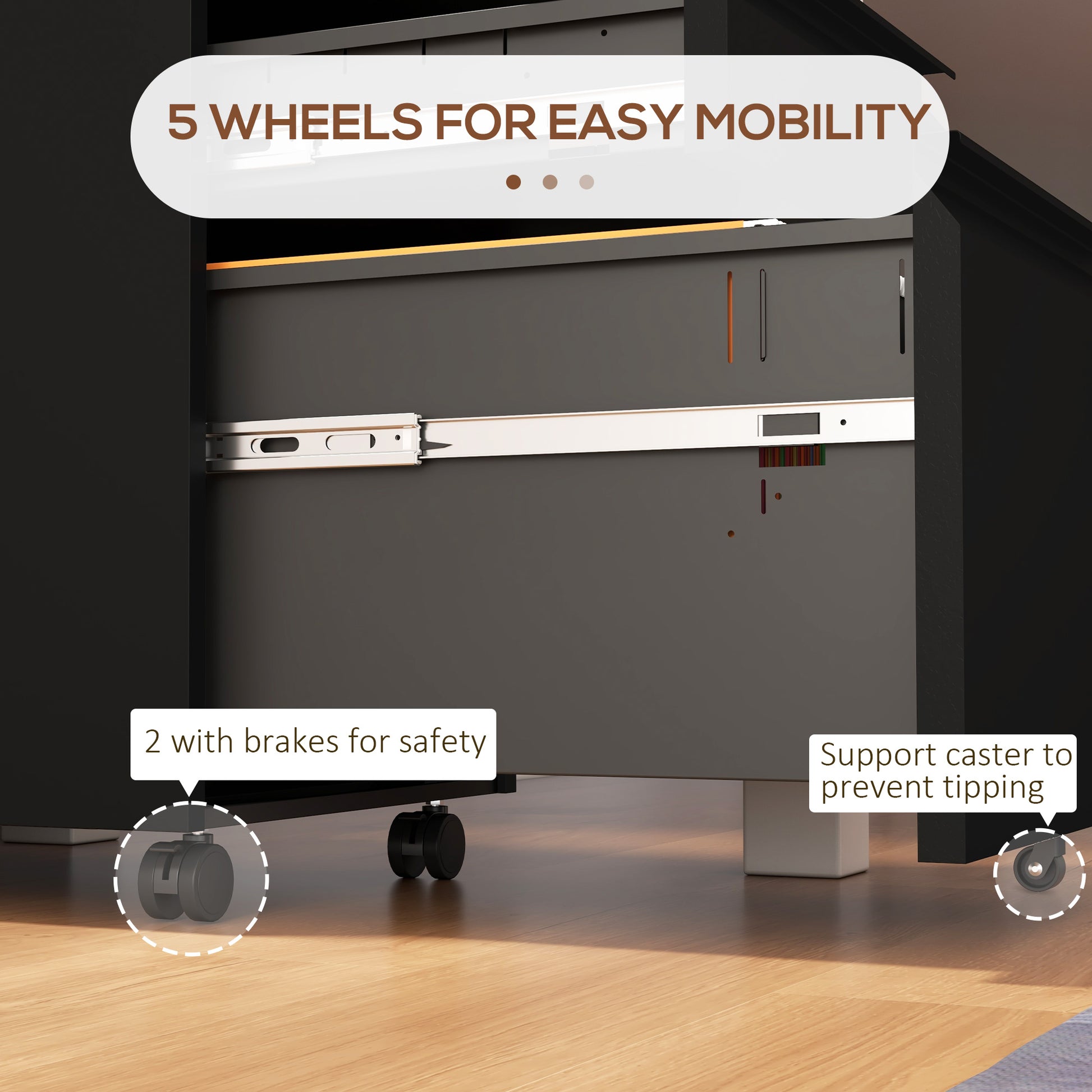 3 Drawer File Cabinet with Lock, Steel Vertical Filing Cabinet with 5 Wheels and Hanging Bar for A4/Legal/Letter, Home Office Printer Stand with Pre-Assembled Body, Black-Office Products > Office Furniture > Office Cabinets & Cupboards-DECOROLALA
