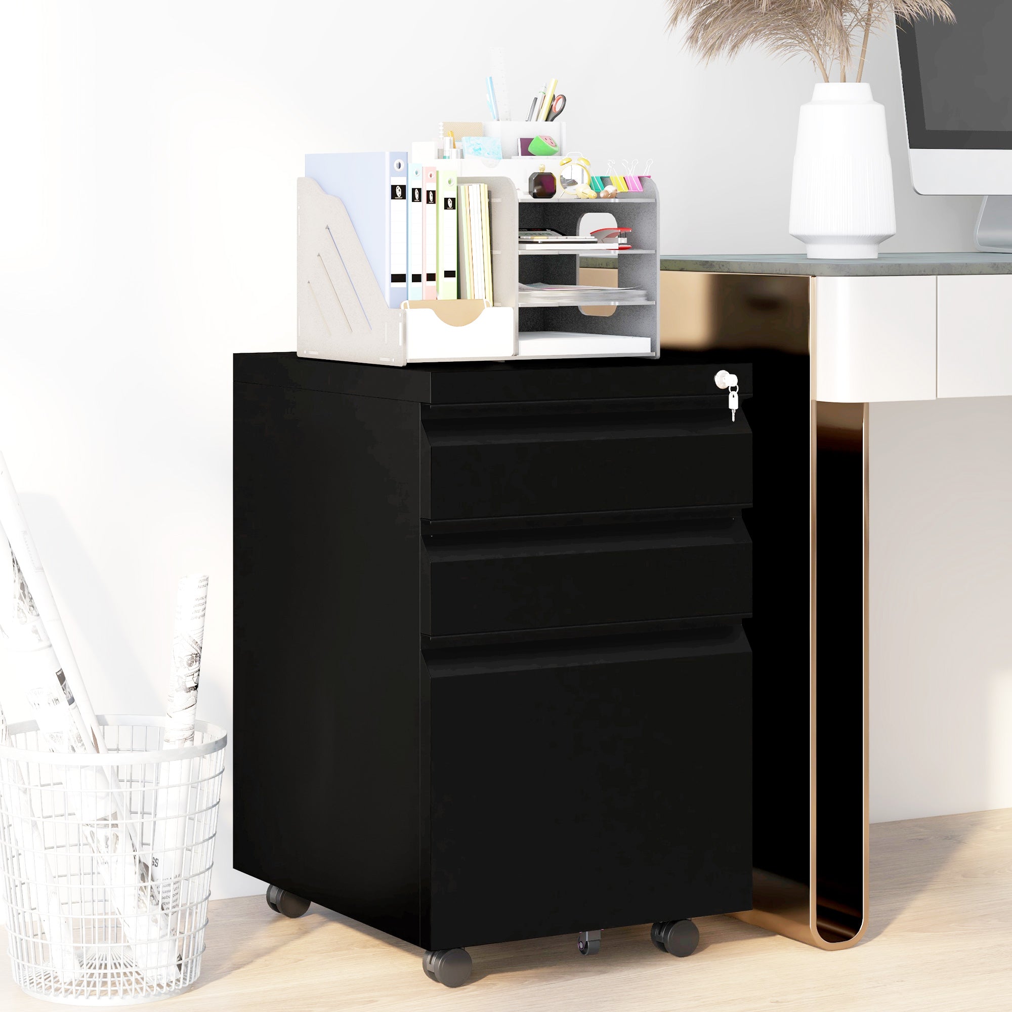3 Drawer File Cabinet with Lock, Steel Vertical Filing Cabinet with 5 Wheels and Hanging Bar for A4/Legal/Letter, Home Office Printer Stand with Pre-Assembled Body, Black-Office Products > Office Furniture > Office Cabinets & Cupboards-DECOROLALA