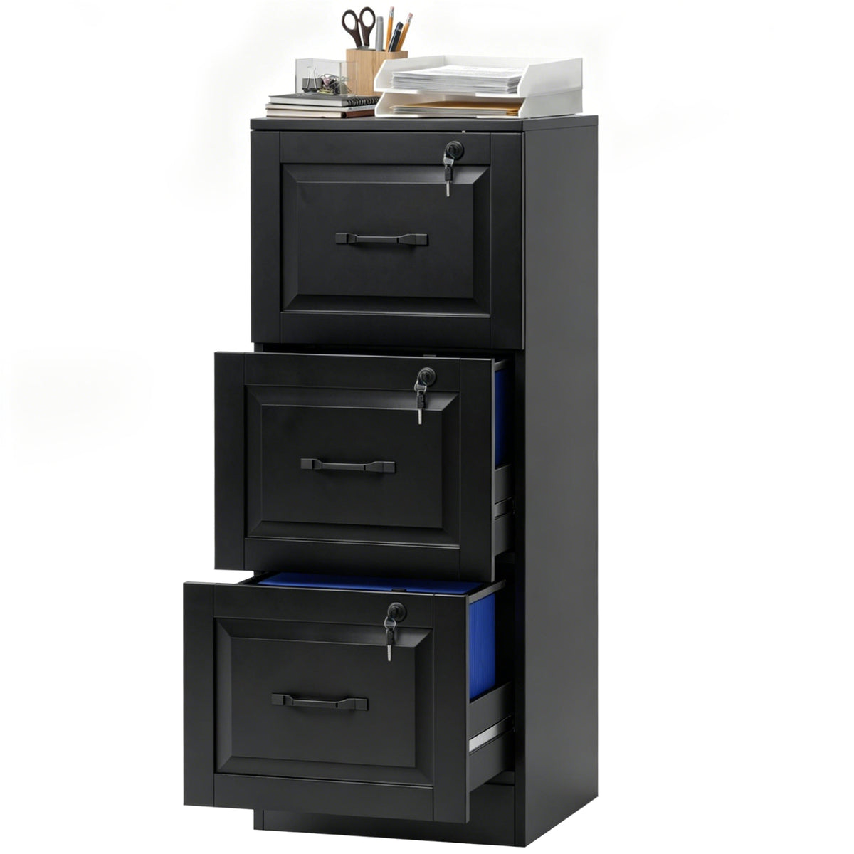 3 Drawer File Cabinet with Lock, Vertical Filing Cabinet with Adjustable Hanging Bars for A4 and Letter Size, Black-Office Storage Cabinets-DECOROLALA