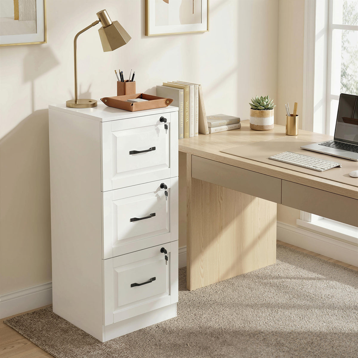 3 Drawer File Cabinet with Lock, Vertical Filing Cabinet with Adjustable Hanging Bars for A4 and Letter Size, White-Office Storage Cabinets-DECOROLALA