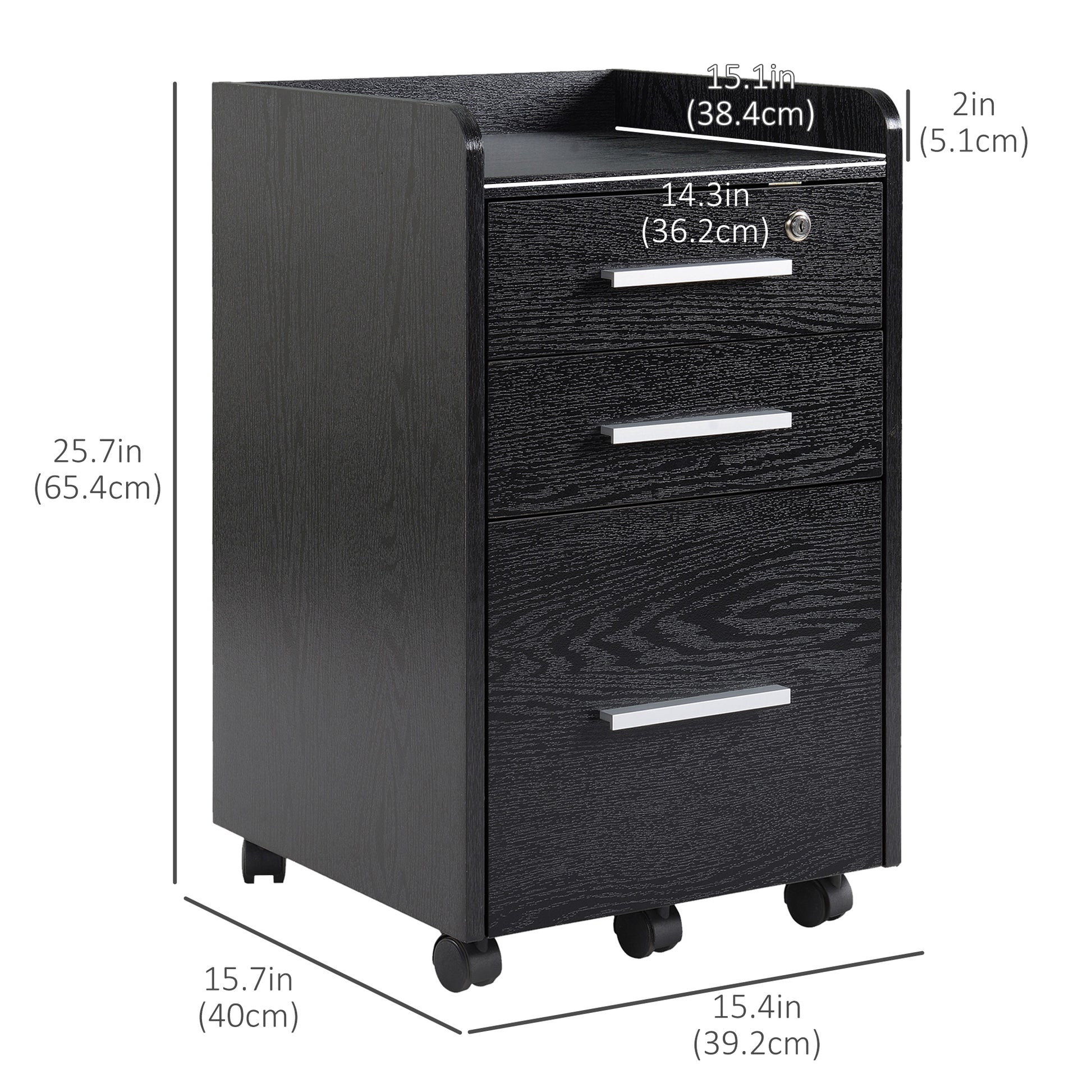 3 Drawer File Cabinet with Lock and Edged Top, Lockable Filing Cabinet on Wheels for Letter and A4 Size, Black-Office Products > Office Furniture > Office Cabinets & Cupboards-DECOROLALA