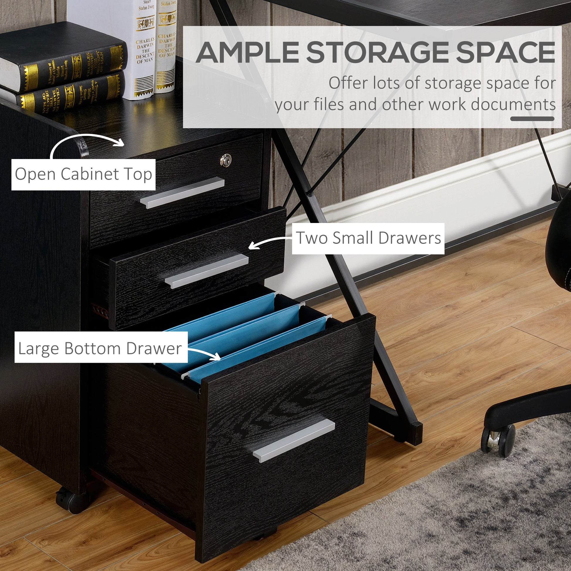 3 Drawer File Cabinet with Lock and Edged Top, Lockable Filing Cabinet on Wheels for Letter and A4 Size, Black-Office Products > Office Furniture > Office Cabinets & Cupboards-DECOROLALA