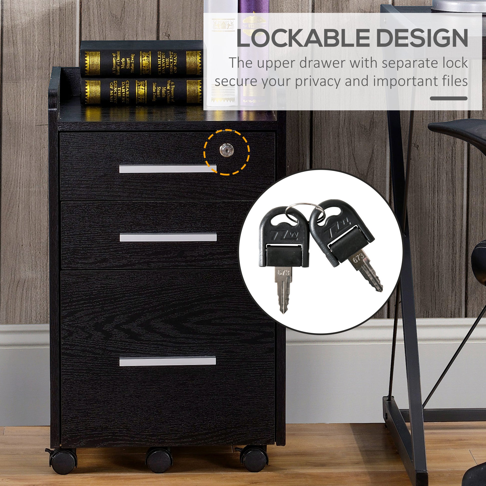 3 Drawer File Cabinet with Lock and Edged Top, Lockable Filing Cabinet on Wheels for Letter and A4 Size, Black-Office Products > Office Furniture > Office Cabinets & Cupboards-DECOROLALA