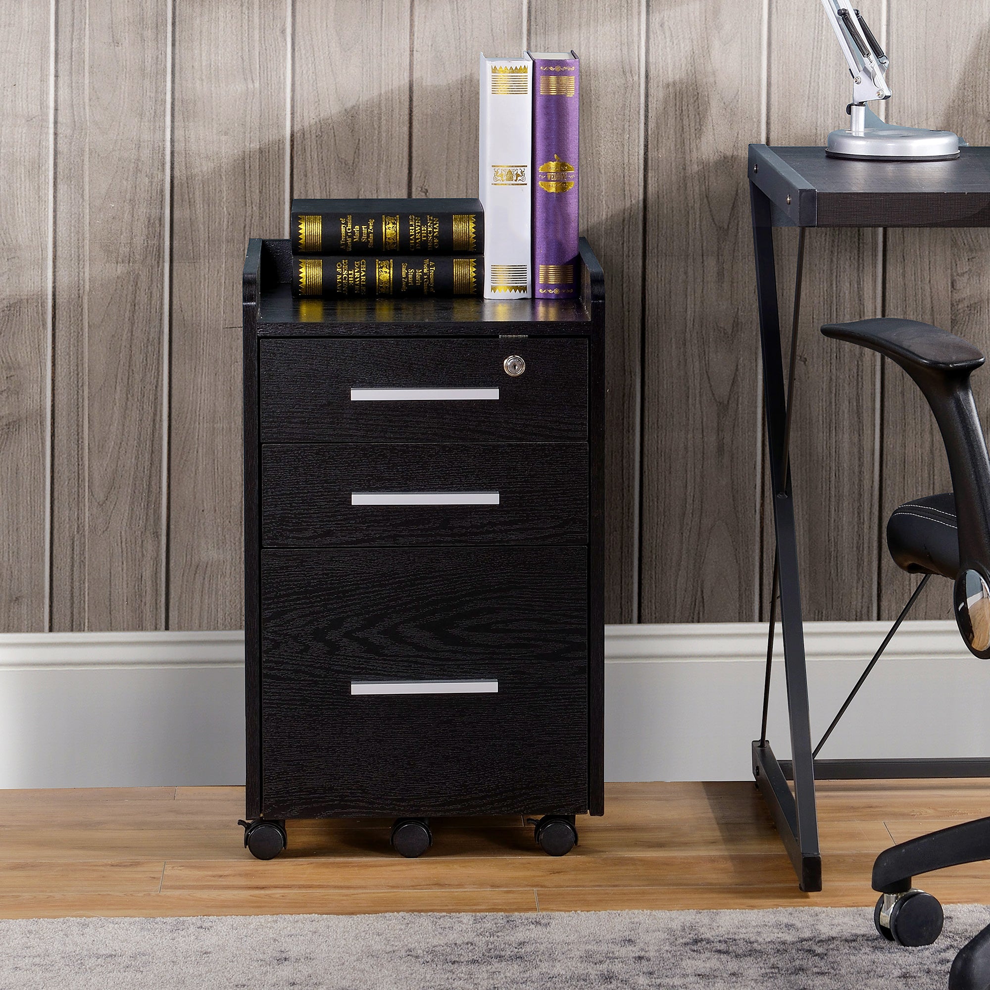 3 Drawer File Cabinet with Lock and Edged Top, Lockable Filing Cabinet on Wheels for Letter and A4 Size, Black-Office Products > Office Furniture > Office Cabinets & Cupboards-DECOROLALA