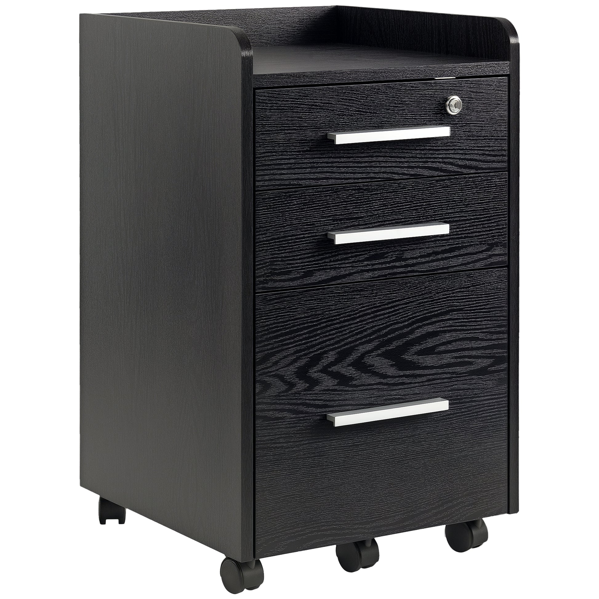 3 Drawer File Cabinet with Lock and Edged Top, Lockable Filing Cabinet on Wheels for Letter and A4 Size, Black-Office Products > Office Furniture > Office Cabinets & Cupboards-DECOROLALA