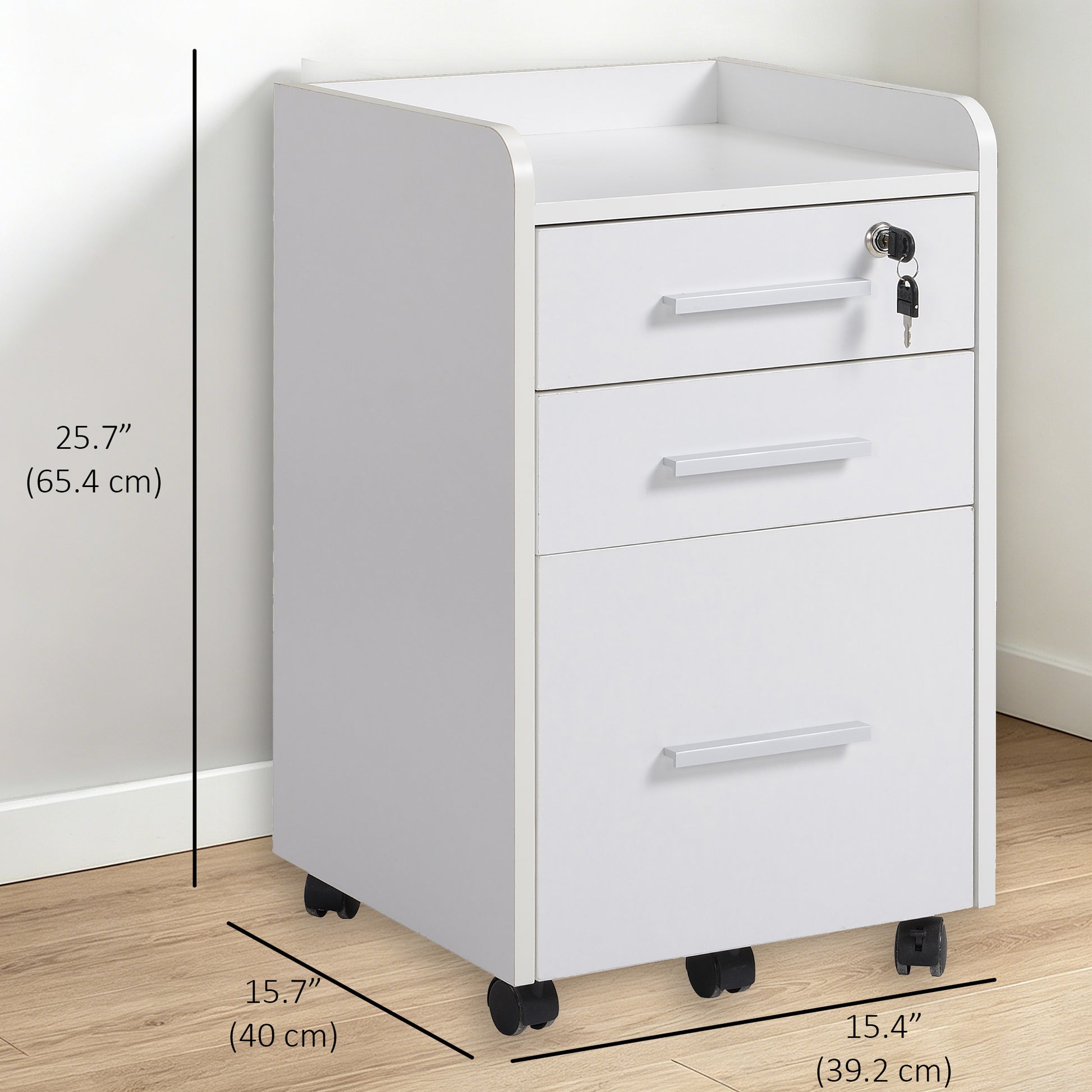 3 Drawer File Cabinet with Lock and Edged Top, Lockable Filing Cabinet on Wheels for Letter and A4 Size, White-Office Products > Office Furniture > Office Cabinets & Cupboards-DECOROLALA