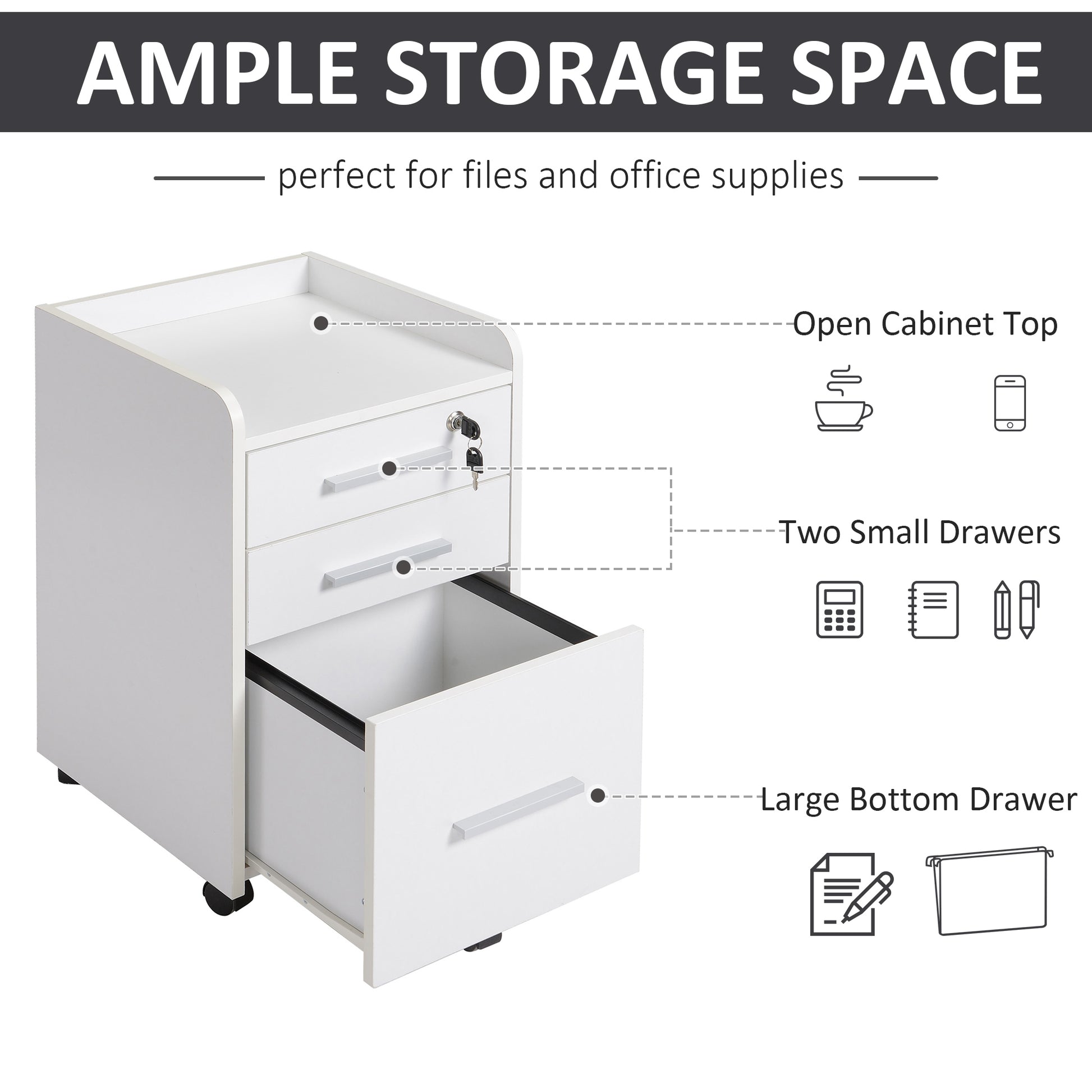 3 Drawer File Cabinet with Lock and Edged Top, Lockable Filing Cabinet on Wheels for Letter and A4 Size, White-Office Products > Office Furniture > Office Cabinets & Cupboards-DECOROLALA