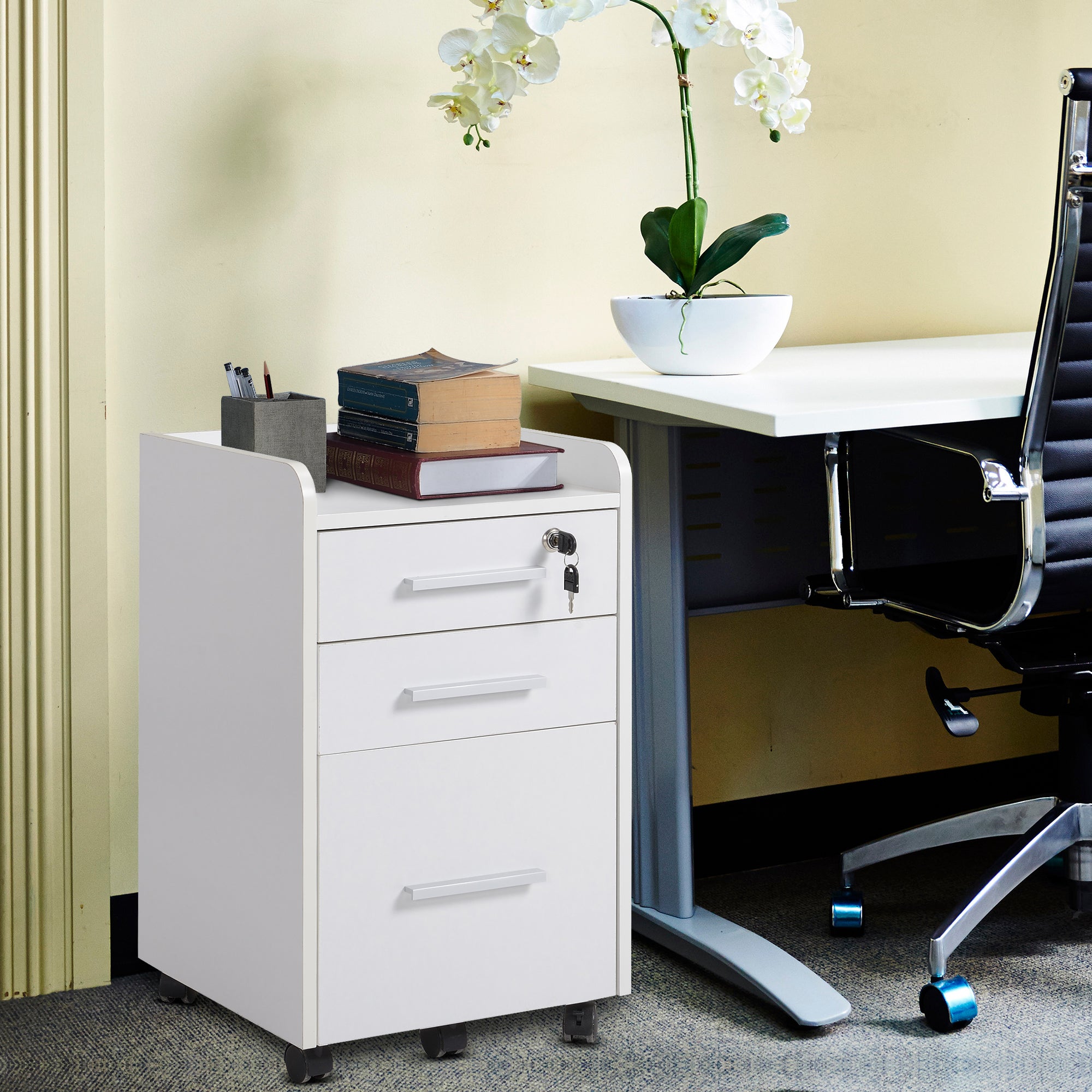 3 Drawer File Cabinet with Lock and Edged Top, Lockable Filing Cabinet on Wheels for Letter and A4 Size, White-Office Products > Office Furniture > Office Cabinets & Cupboards-DECOROLALA