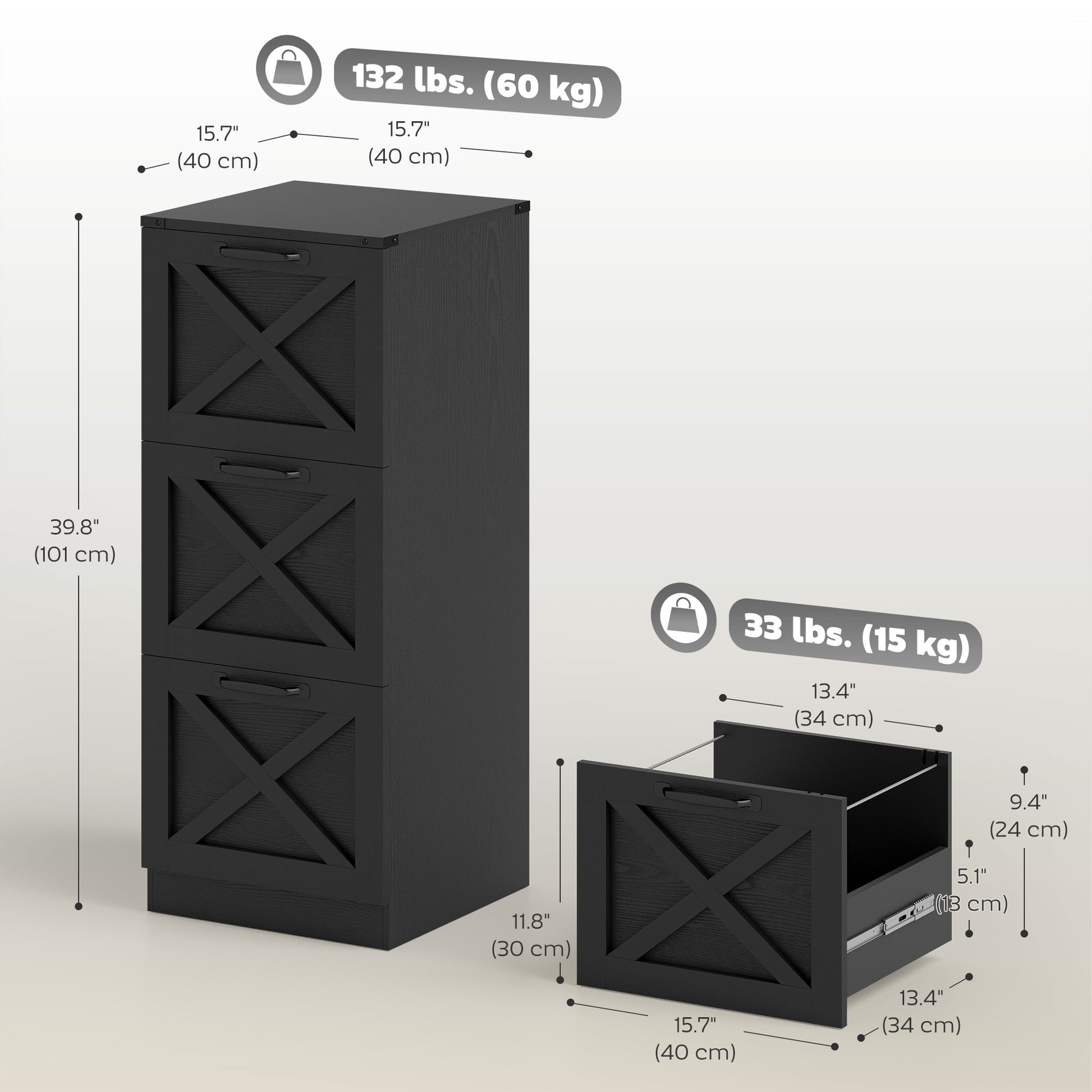 3 Drawer File Cabinet with Silent Slides, Vertical Farmhouse Filing Cabinet Fits Letter/A4 Size Home Office, Black-Office Products > Office Furniture > Office Cabinets & Cupboards-DECOROLALA