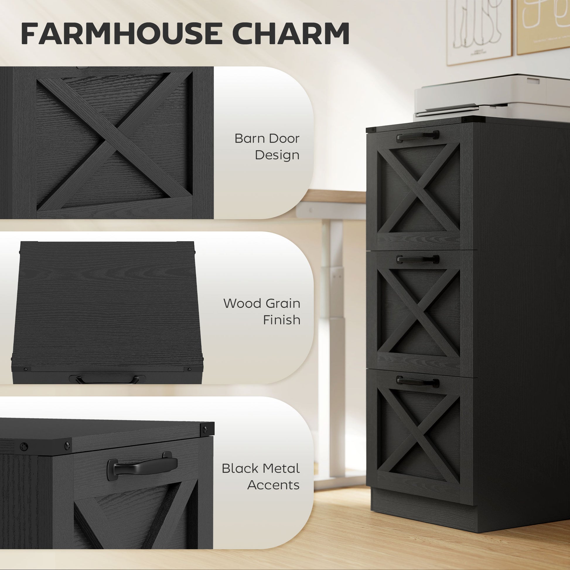 3 Drawer File Cabinet with Silent Slides, Vertical Farmhouse Filing Cabinet Fits Letter/A4 Size Home Office, Black-Office Products > Office Furniture > Office Cabinets & Cupboards-DECOROLALA