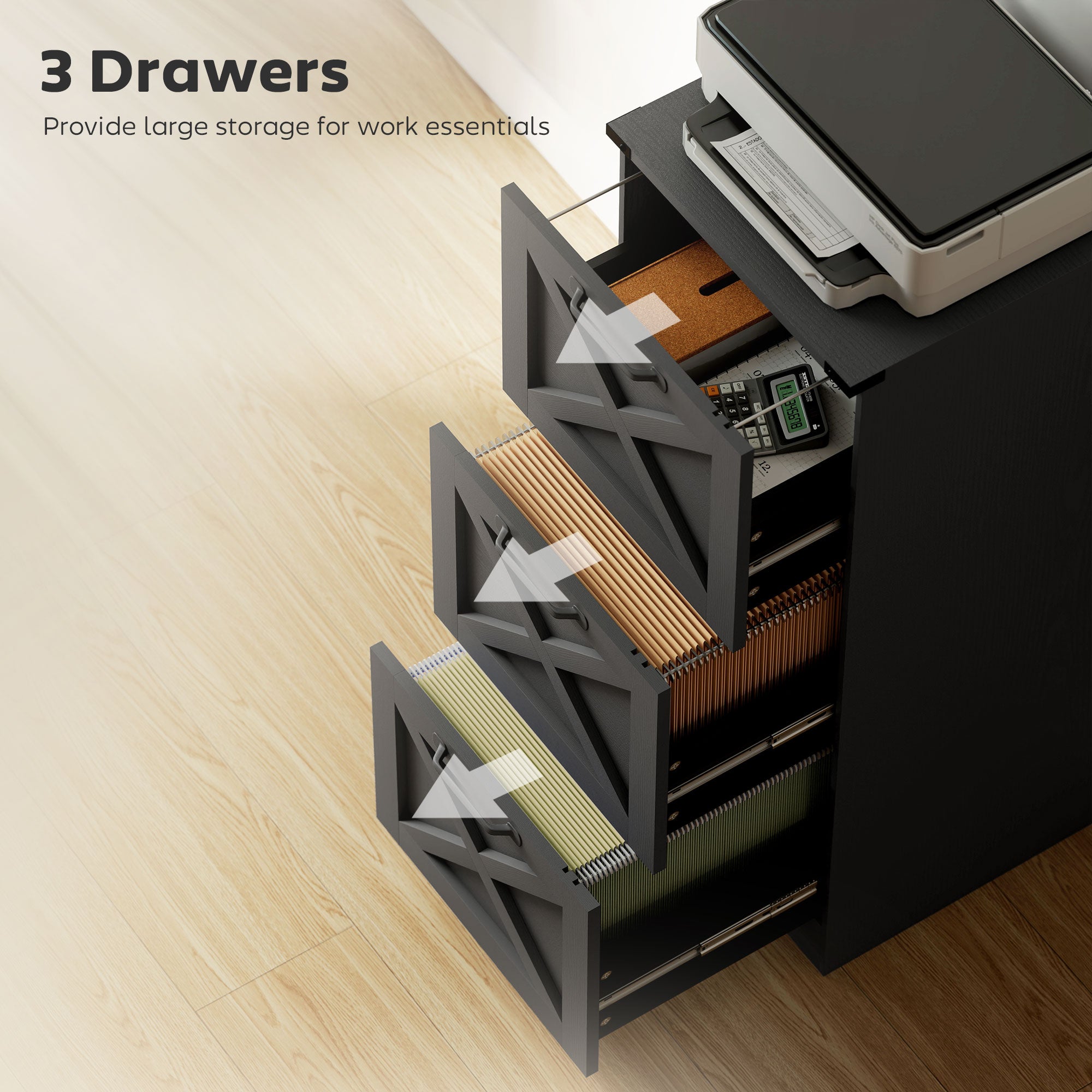 3 Drawer File Cabinet with Silent Slides, Vertical Farmhouse Filing Cabinet Fits Letter/A4 Size Home Office, Black-Office Products > Office Furniture > Office Cabinets & Cupboards-DECOROLALA