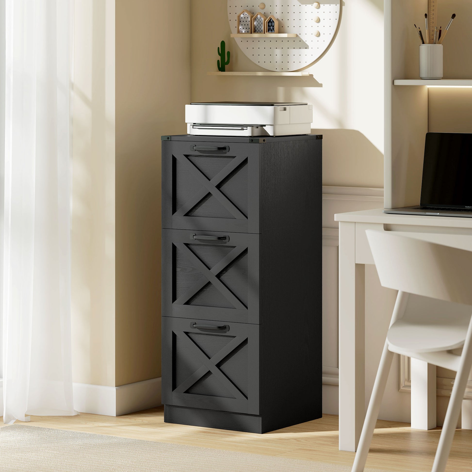 3 Drawer File Cabinet with Silent Slides, Vertical Farmhouse Filing Cabinet Fits Letter/A4 Size Home Office, Black-Office Products > Office Furniture > Office Cabinets & Cupboards-DECOROLALA