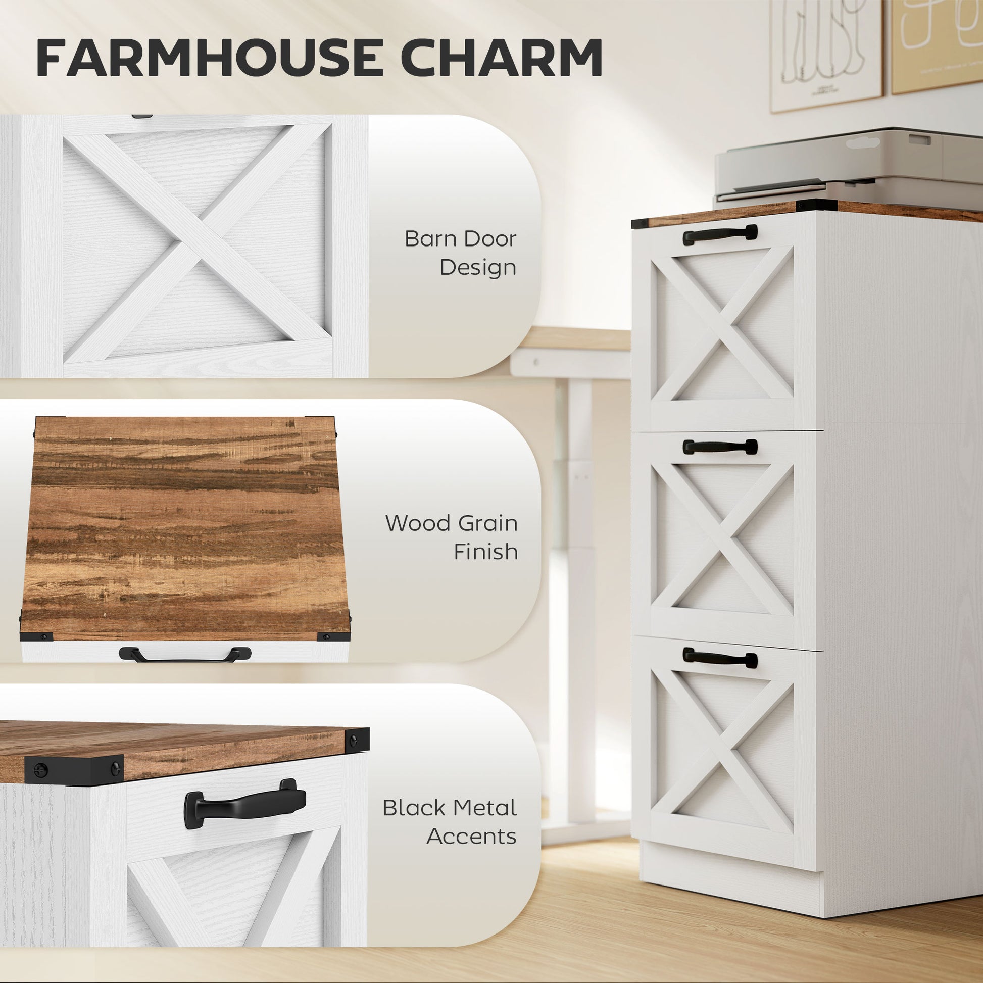 3 Drawer File Cabinet with Silent Slides, Vertical Farmhouse Filing Cabinet Fits Letter/A4 Size Home Office, White-Office Products > Office Furniture > Office Cabinets & Cupboards-DECOROLALA