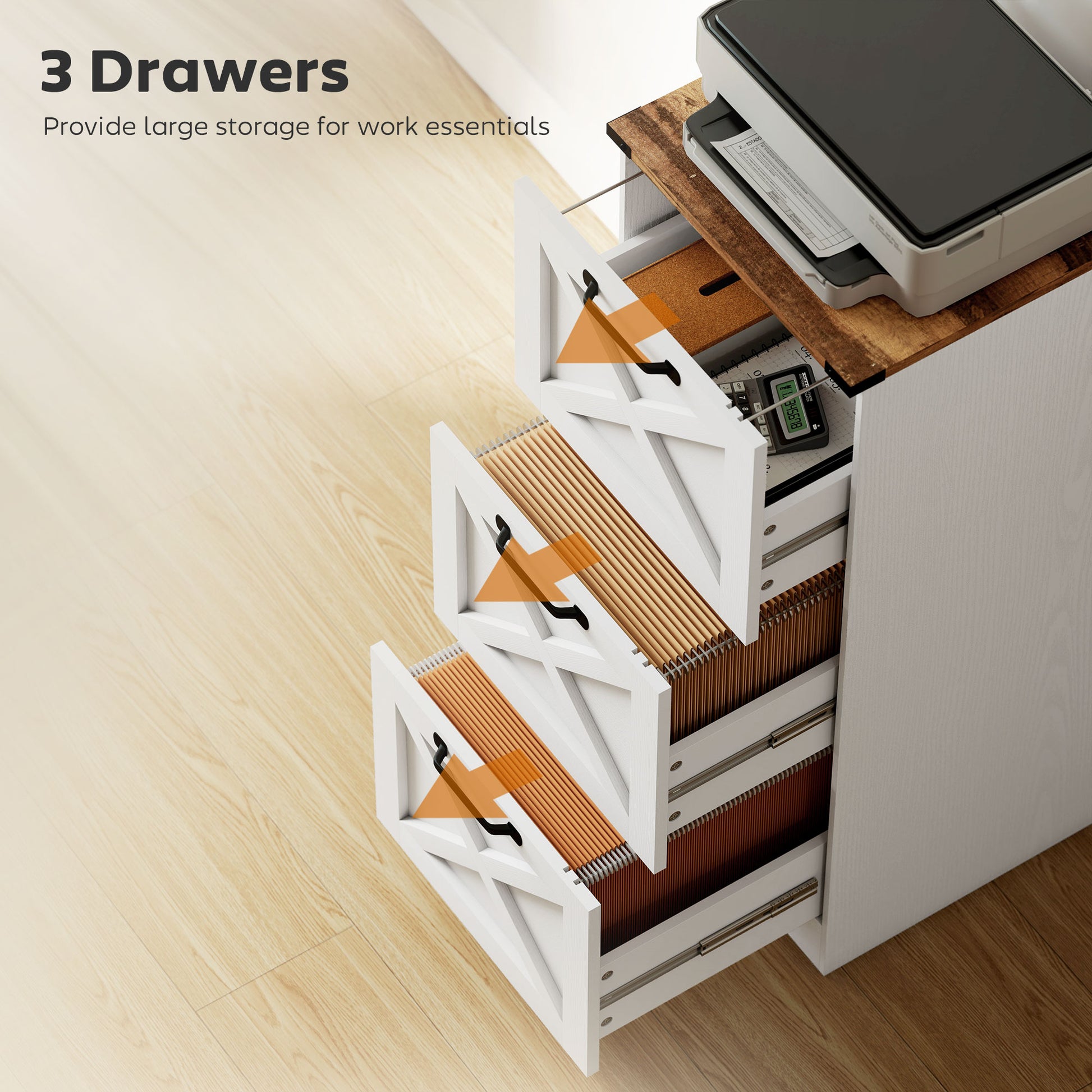 3 Drawer File Cabinet with Silent Slides, Vertical Farmhouse Filing Cabinet Fits Letter/A4 Size Home Office, White-Office Products > Office Furniture > Office Cabinets & Cupboards-DECOROLALA