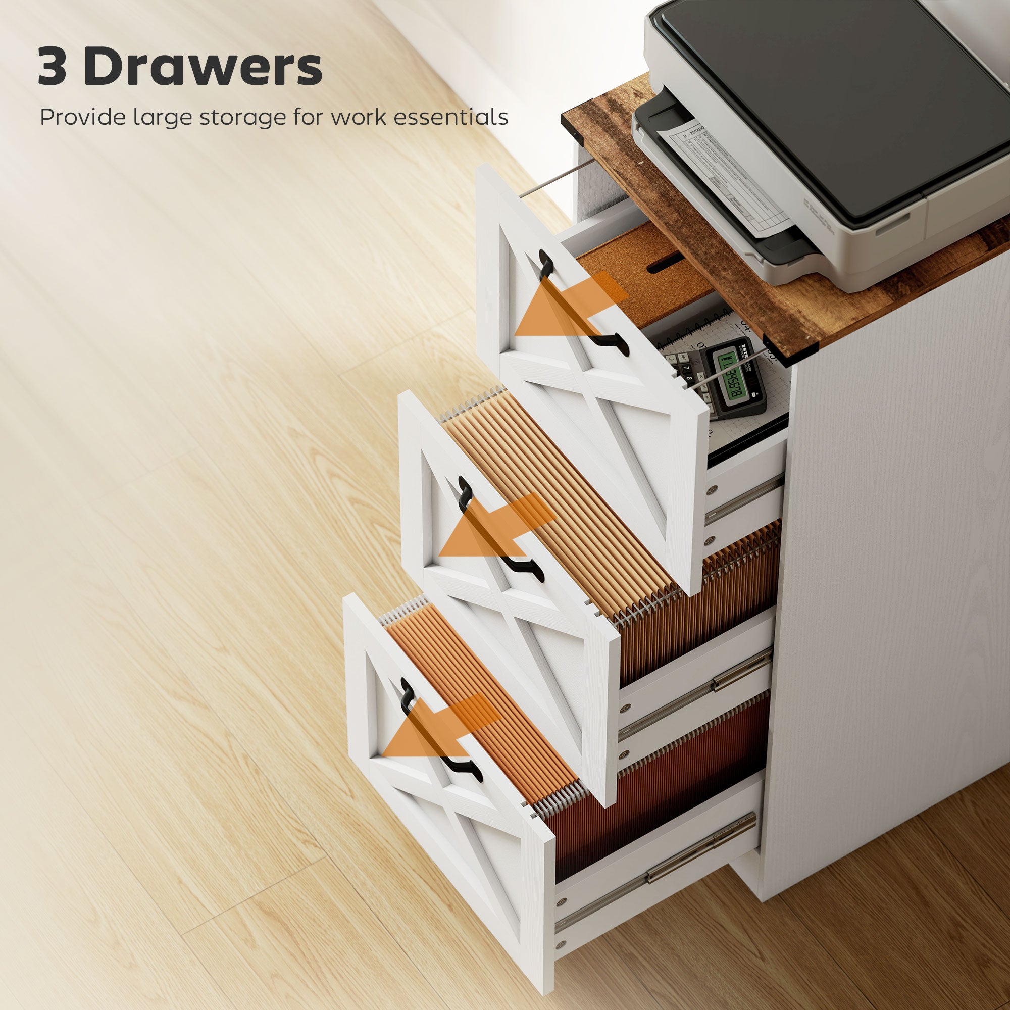 3 Drawer File Cabinet with Silent Slides, Vertical Farmhouse Filing Cabinet Fits Letter/A4 Size Home Office, White-Office Products > Office Furniture > Office Cabinets & Cupboards-DECOROLALA