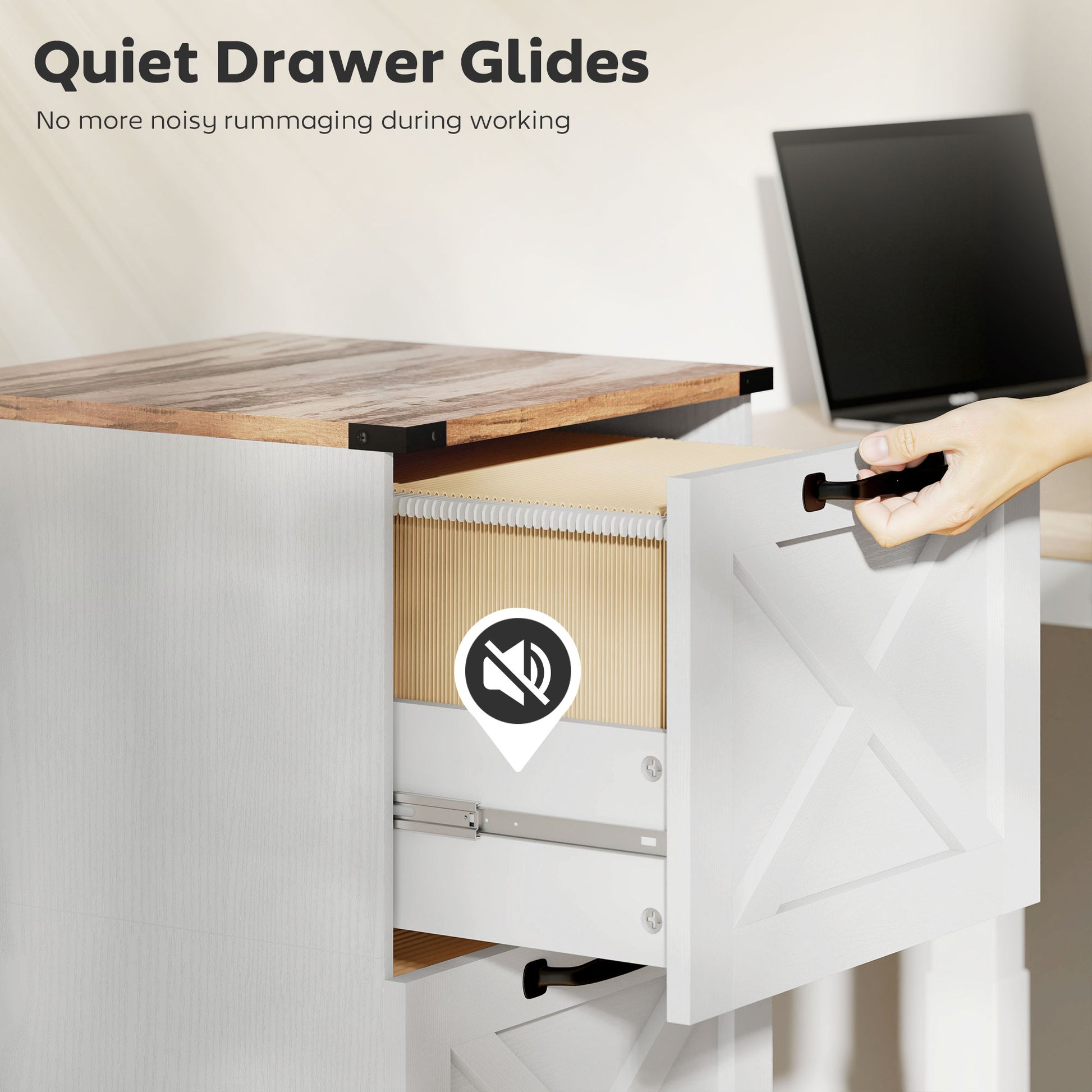 3 Drawer File Cabinet with Silent Slides, Vertical Farmhouse Filing Cabinet Fits Letter/A4 Size Home Office, White-Office Products > Office Furniture > Office Cabinets & Cupboards-DECOROLALA