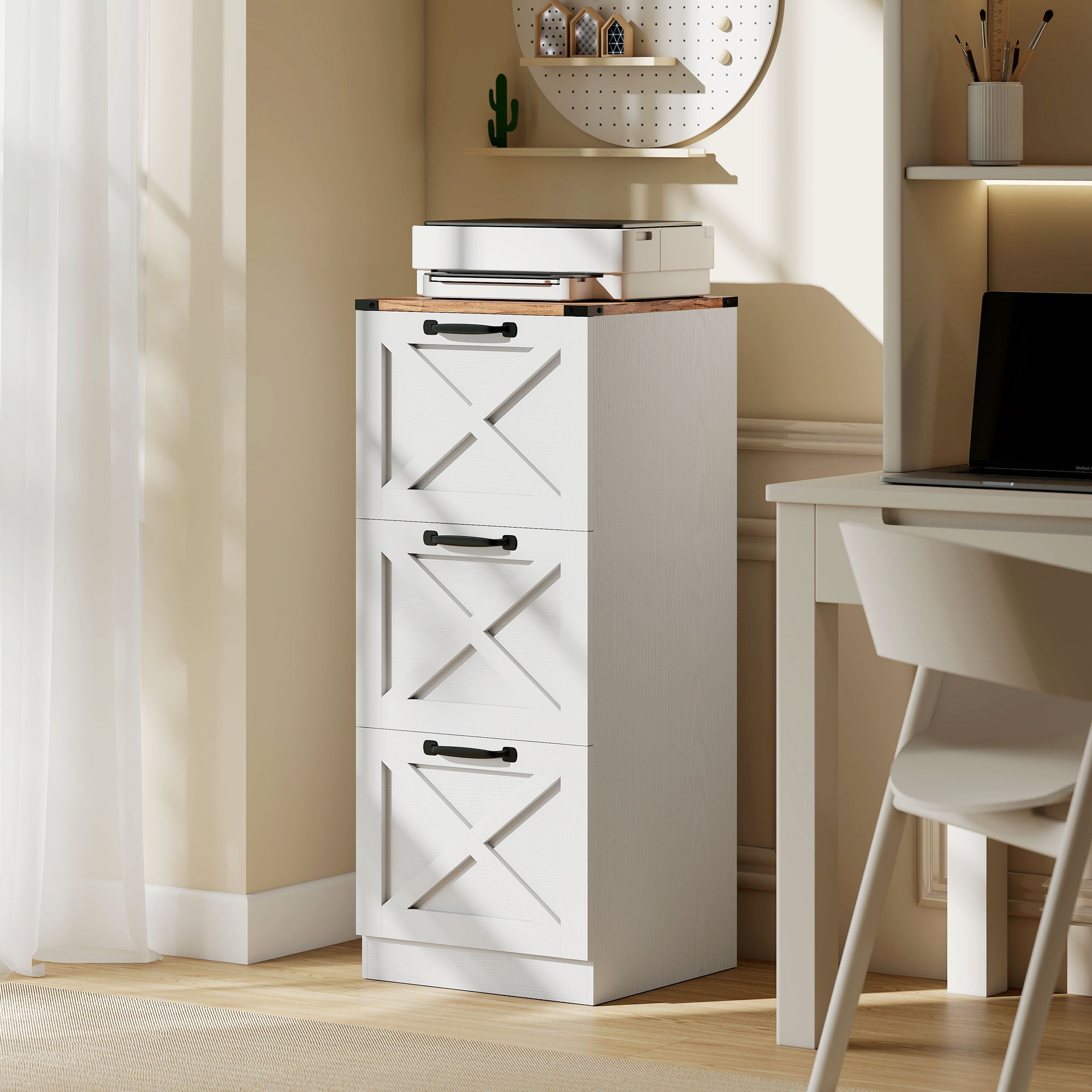 3 Drawer File Cabinet with Silent Slides, Vertical Farmhouse Filing Cabinet Fits Letter/A4 Size Home Office, White-Office Products > Office Furniture > Office Cabinets & Cupboards-DECOROLALA