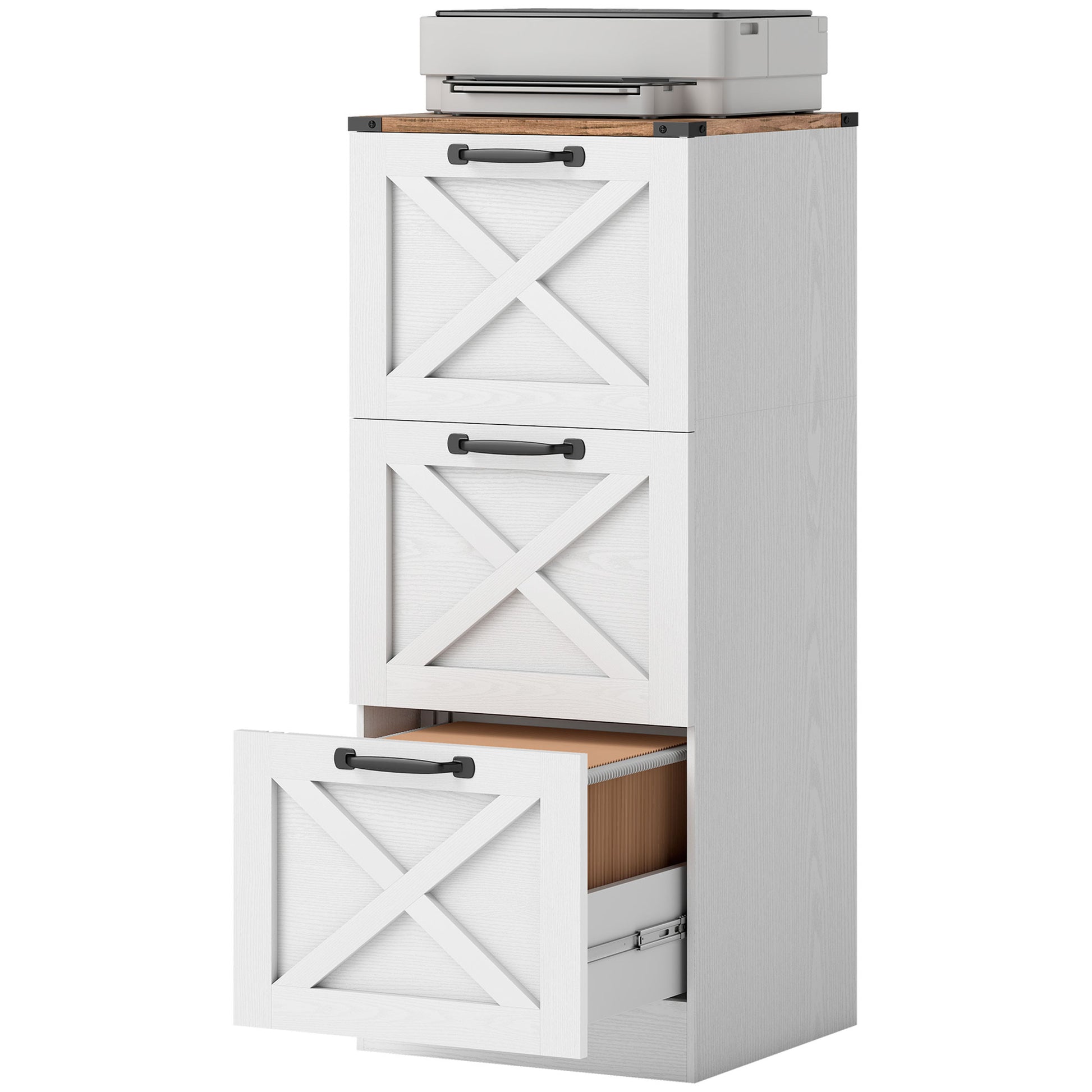 3 Drawer File Cabinet with Silent Slides, Vertical Farmhouse Filing Cabinet Fits Letter/A4 Size Home Office, White-Office Products > Office Furniture > Office Cabinets & Cupboards-DECOROLALA