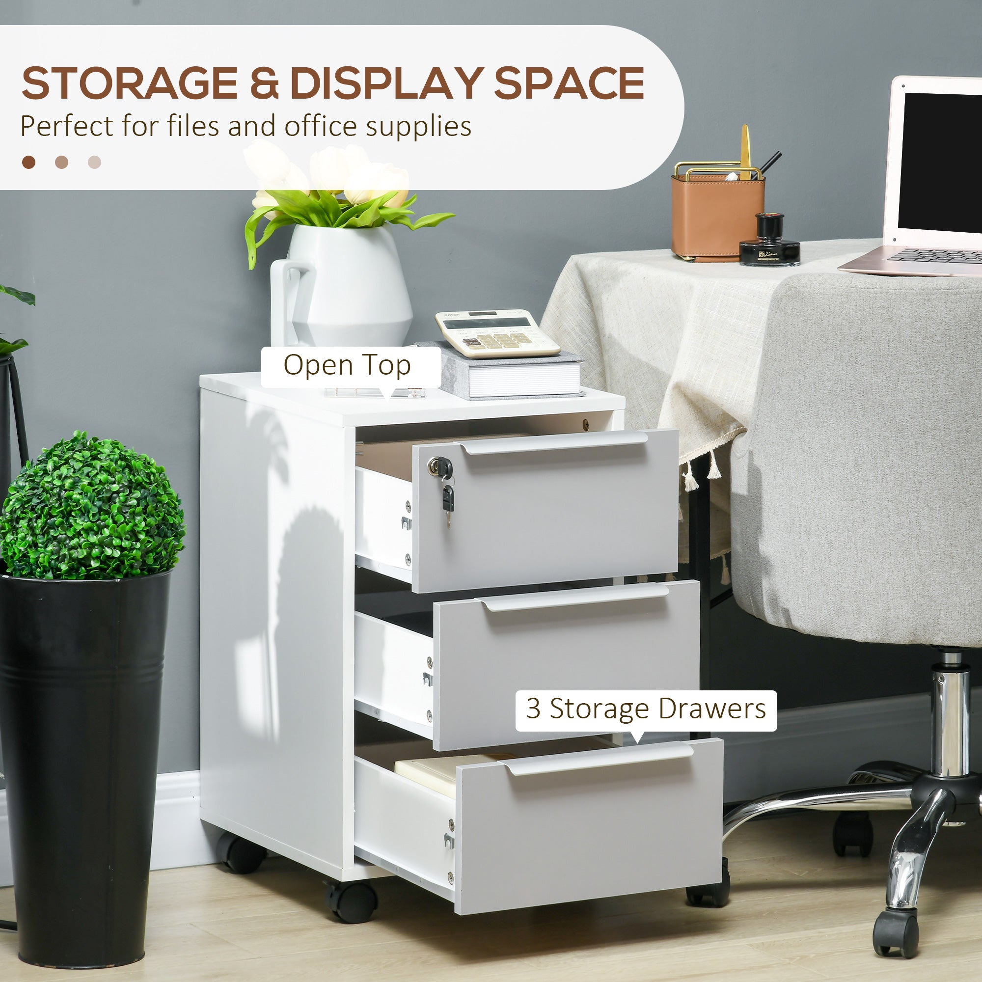 3 Drawer File Cabinet with Wheels, Vertical Filing Cabinet with Lock, Grey-Office Products > Office Furniture > Office Cabinets & Cupboards-DECOROLALA