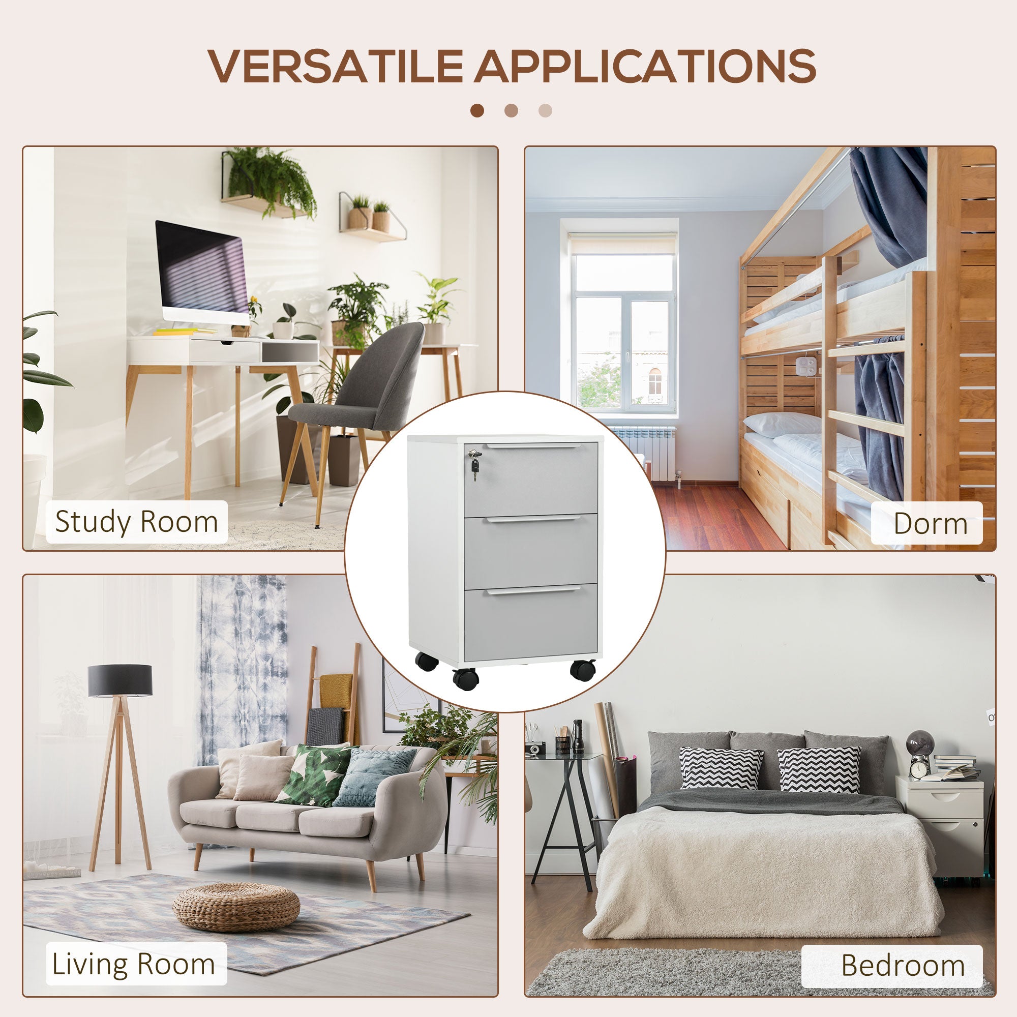 3 Drawer File Cabinet with Wheels, Vertical Filing Cabinet with Lock, Grey-Office Products > Office Furniture > Office Cabinets & Cupboards-DECOROLALA