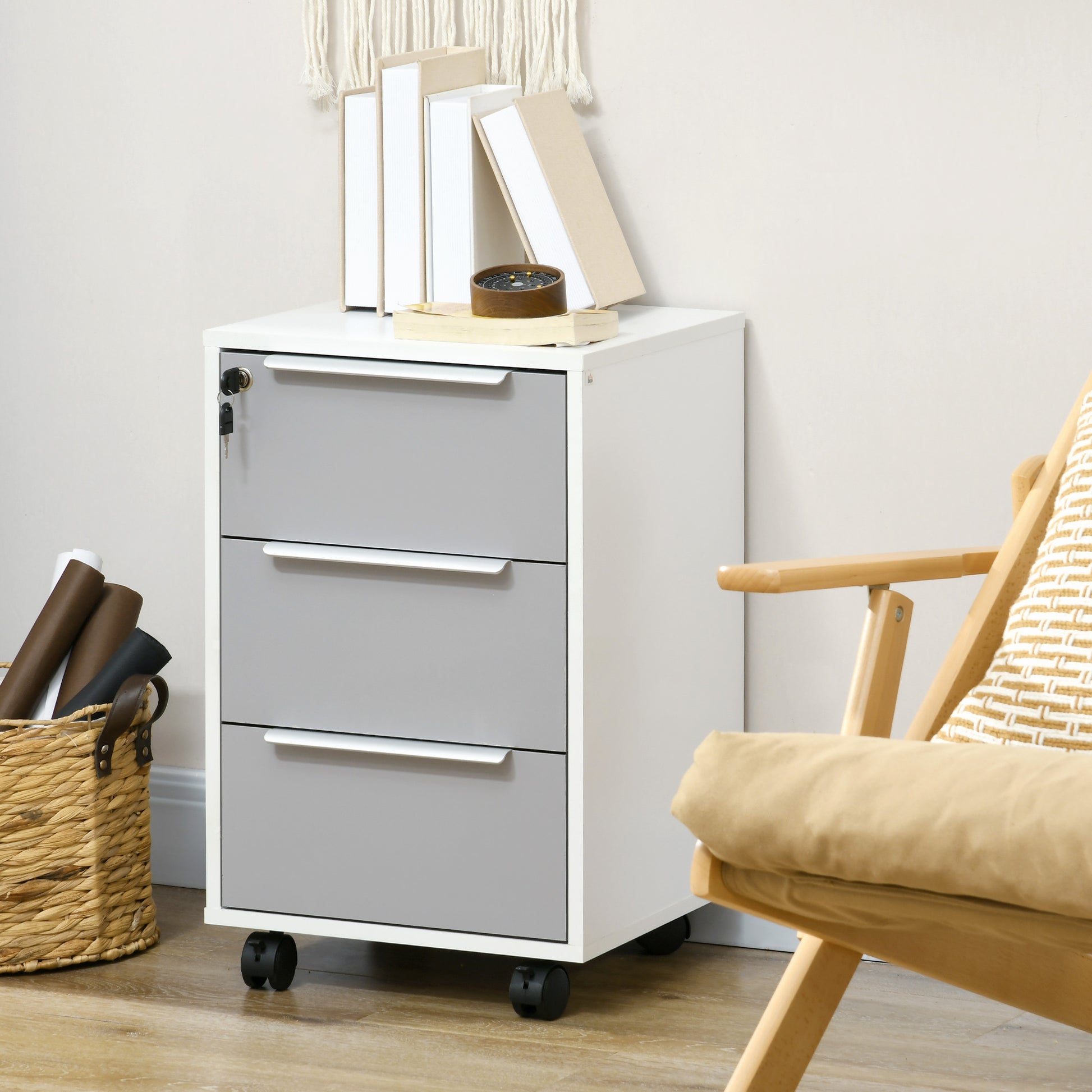 3 Drawer File Cabinet with Wheels, Vertical Filing Cabinet with Lock, Grey-Office Products > Office Furniture > Office Cabinets & Cupboards-DECOROLALA