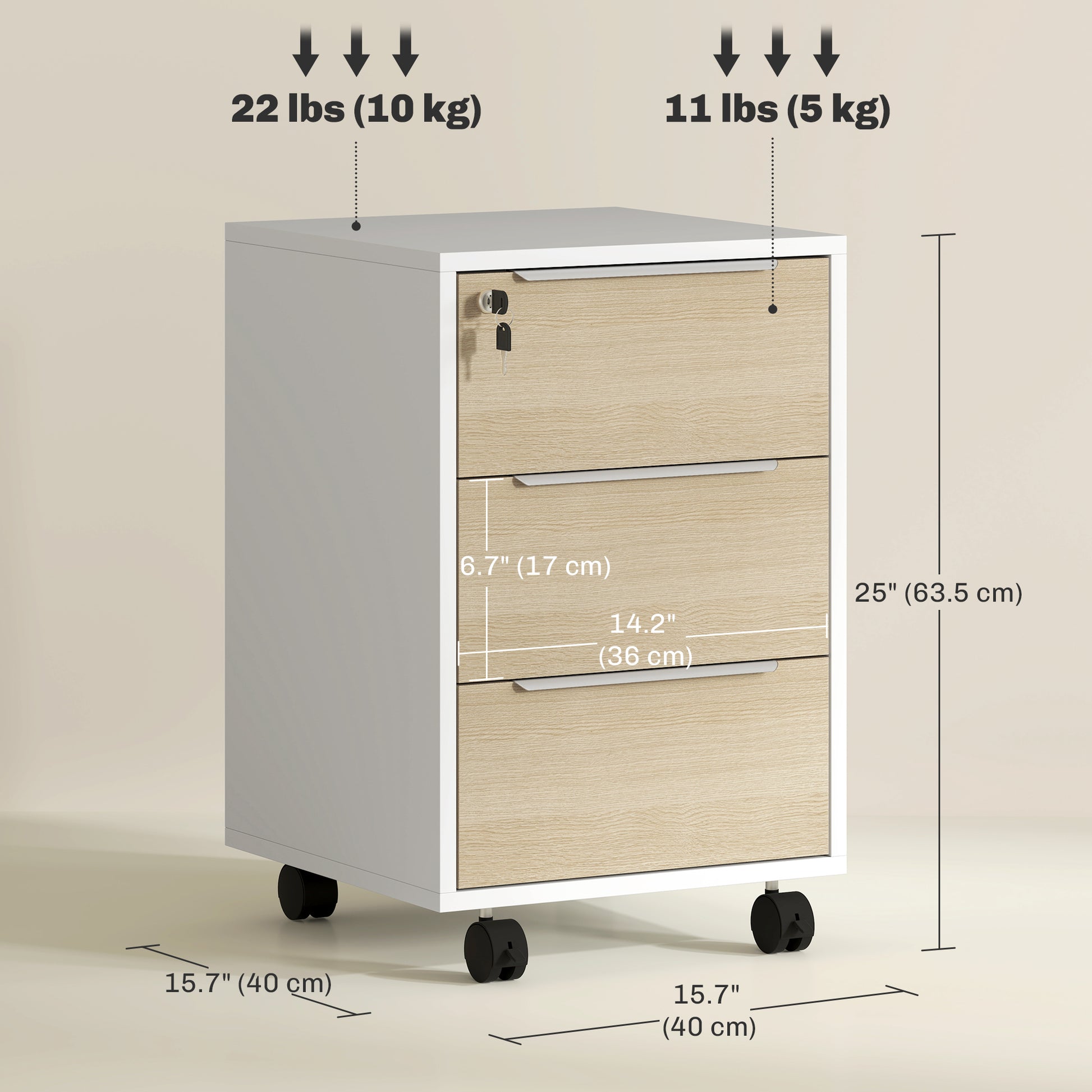 3 Drawer File Cabinet with Wheels, Vertical Filing Cabinet with Lock, Oak-Office Products > Office Furniture > Office Cabinets & Cupboards-DECOROLALA