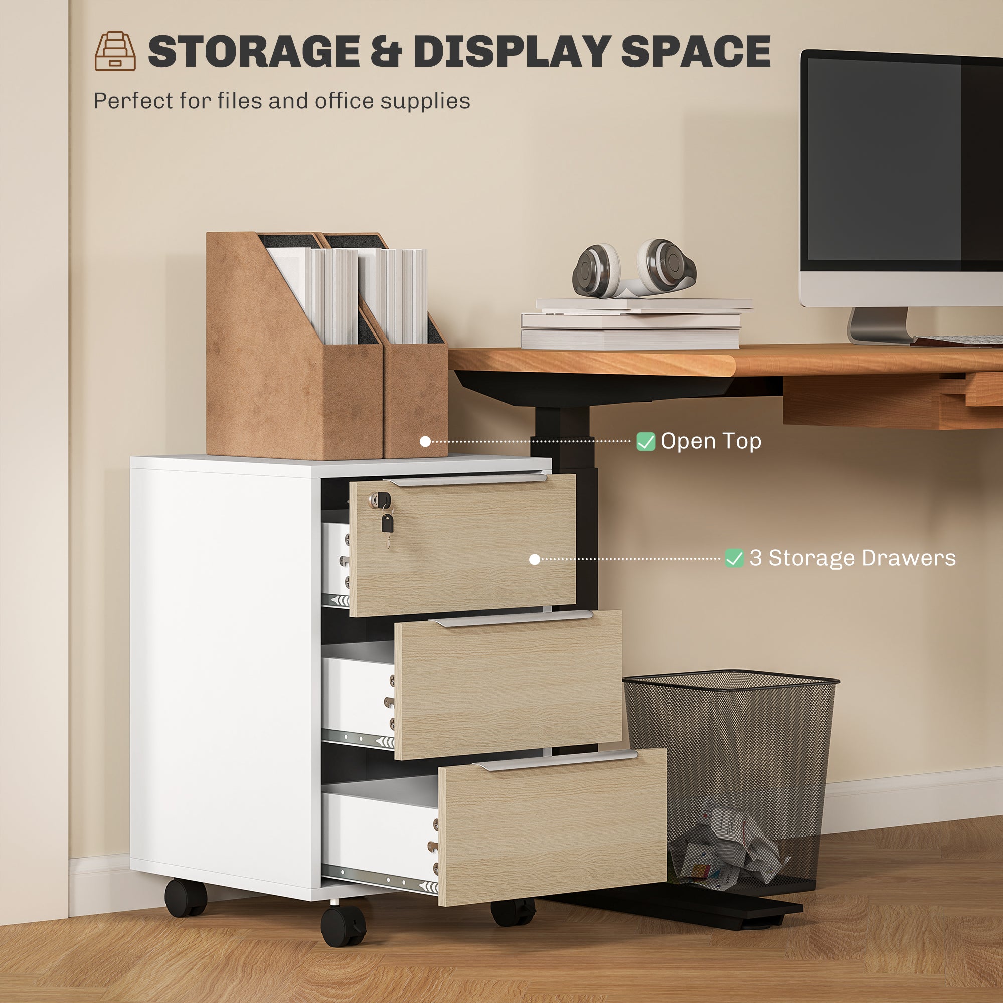 3 Drawer File Cabinet with Wheels, Vertical Filing Cabinet with Lock, Oak-Office Products > Office Furniture > Office Cabinets & Cupboards-DECOROLALA