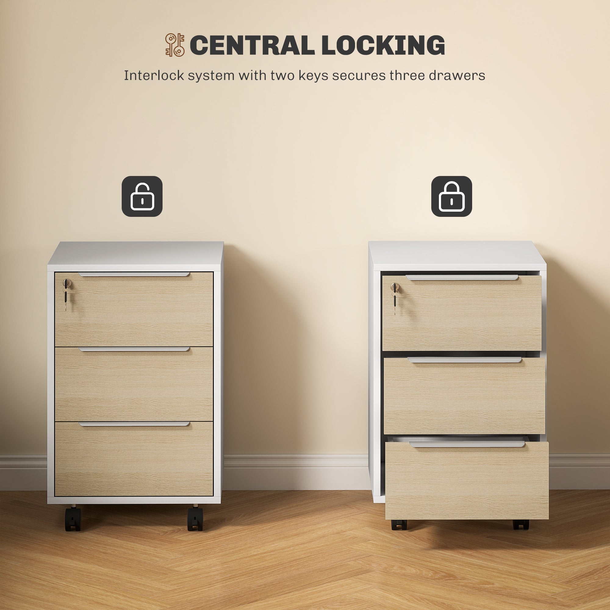 3 Drawer File Cabinet with Wheels, Vertical Filing Cabinet with Lock, Oak-Office Products > Office Furniture > Office Cabinets & Cupboards-DECOROLALA